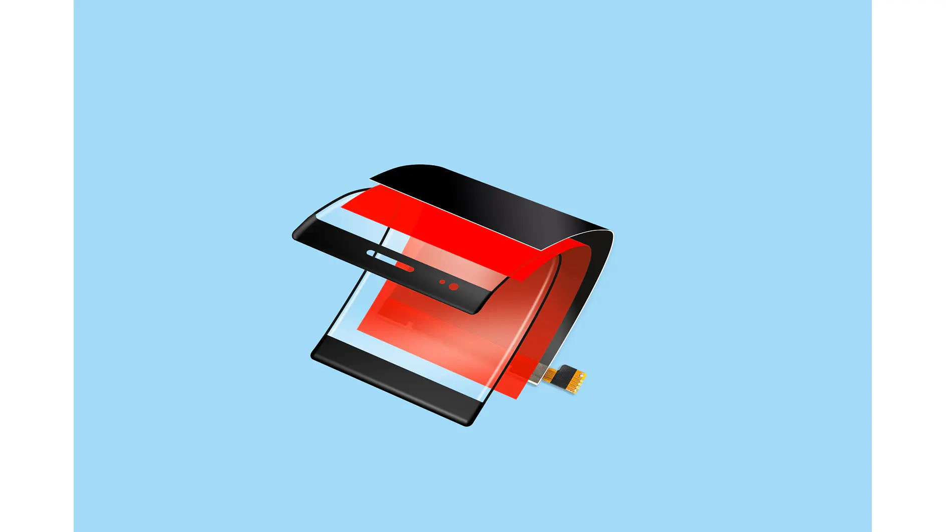 A 3D rendered image depicts a flexible electronic display with a slightly curved, transparent screen and a black and red frame. It has a connector at the bottom, set against a plain light blue background, with tesa tape prominently featured. (This text has been generated by AI)