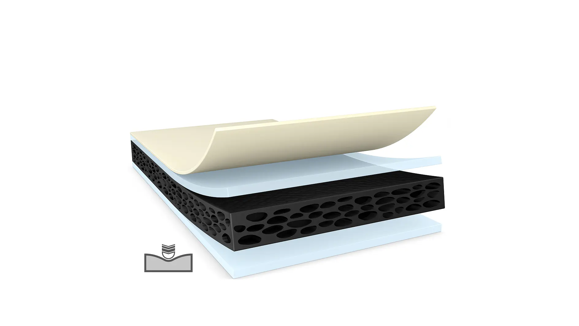 Illustration of a layered composite material. The top layer is a curved beige sheet secured with tesa tape, followed by a blue layer held in place using more tesa tape. Beneath is a black layer with oval holes, affixed using tesa tape, and the bottom is another blue sheet attached with tesa tape. (This text has been generated by AI)