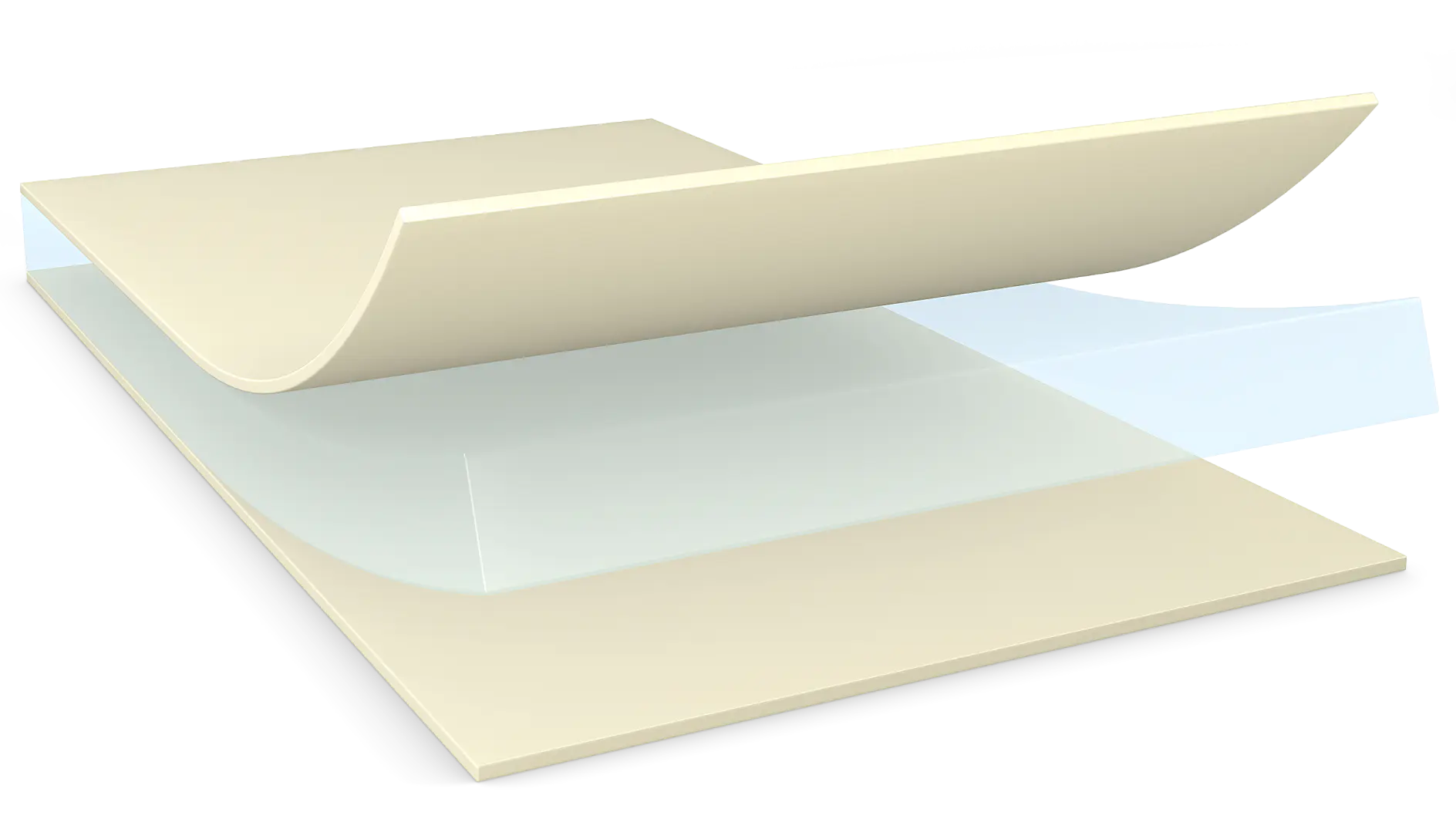 Illustration showing layers of a Band-Aid: one tesa tape adhesive layer, a gauze pad in the middle, and a protective film being peeled away. The colors are neutral, with a light beige tone for the main layers. (This text has been generated by AI)