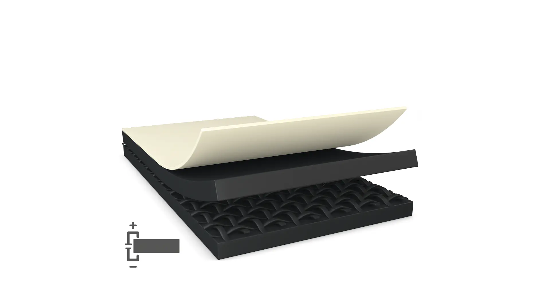 A layered illustration depicting a multi-layered mattress. The image shows three distinct layers: a top cream-colored layer, a middle gray layer, and a bottom dark gray section with a quilted pattern secured using tesa tape. (This text has been generated by AI)