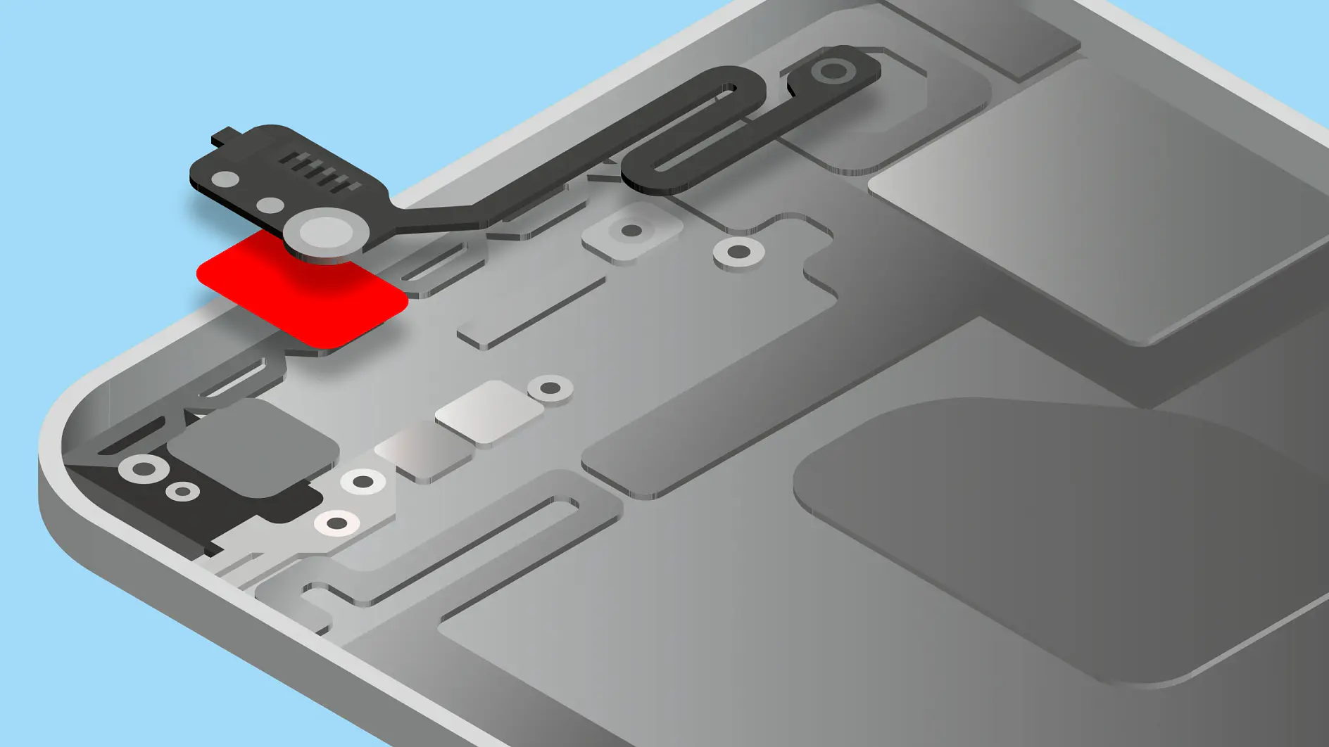 Illustration of a smartphones internal components against a light blue background, featuring a focus on the camera module and nearby circuits. The image highlights a red tesa tape element near the camera area. (This text has been generated by AI)