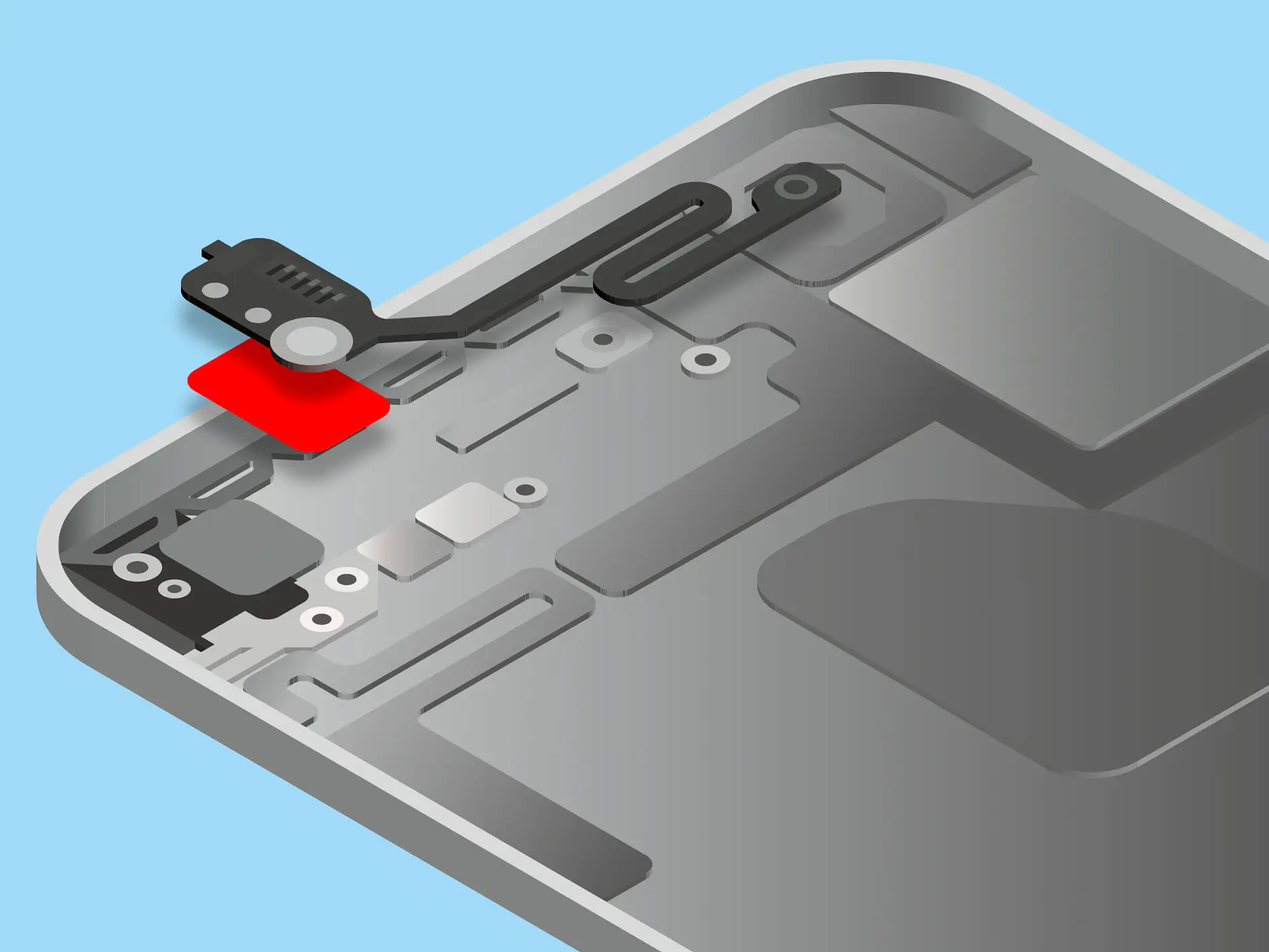 Illustration of a smartphones internal components against a light blue background, featuring a focus on the camera module and nearby circuits. The image highlights a red tesa tape element near the camera area. (This text has been generated by AI)