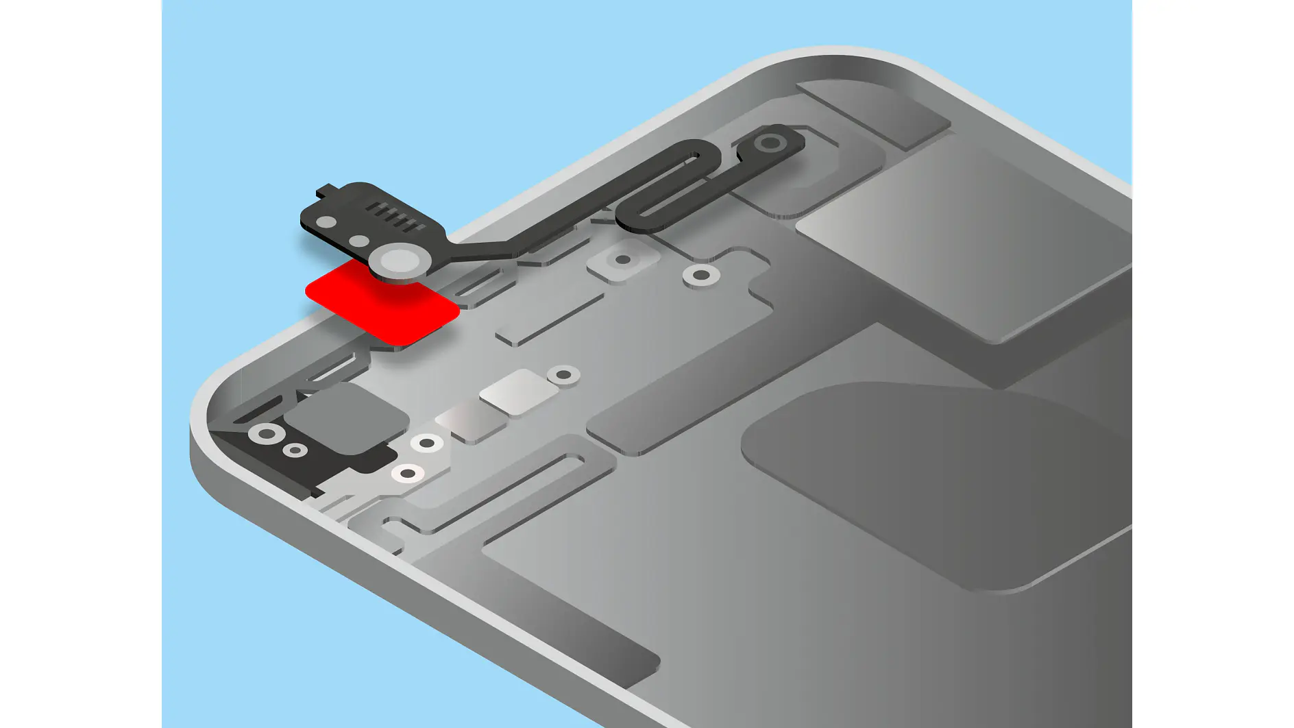 Illustration of a smartphones internal components against a light blue background, featuring a focus on the camera module and nearby circuits. The image highlights a red tesa tape element near the camera area. (This text has been generated by AI)
