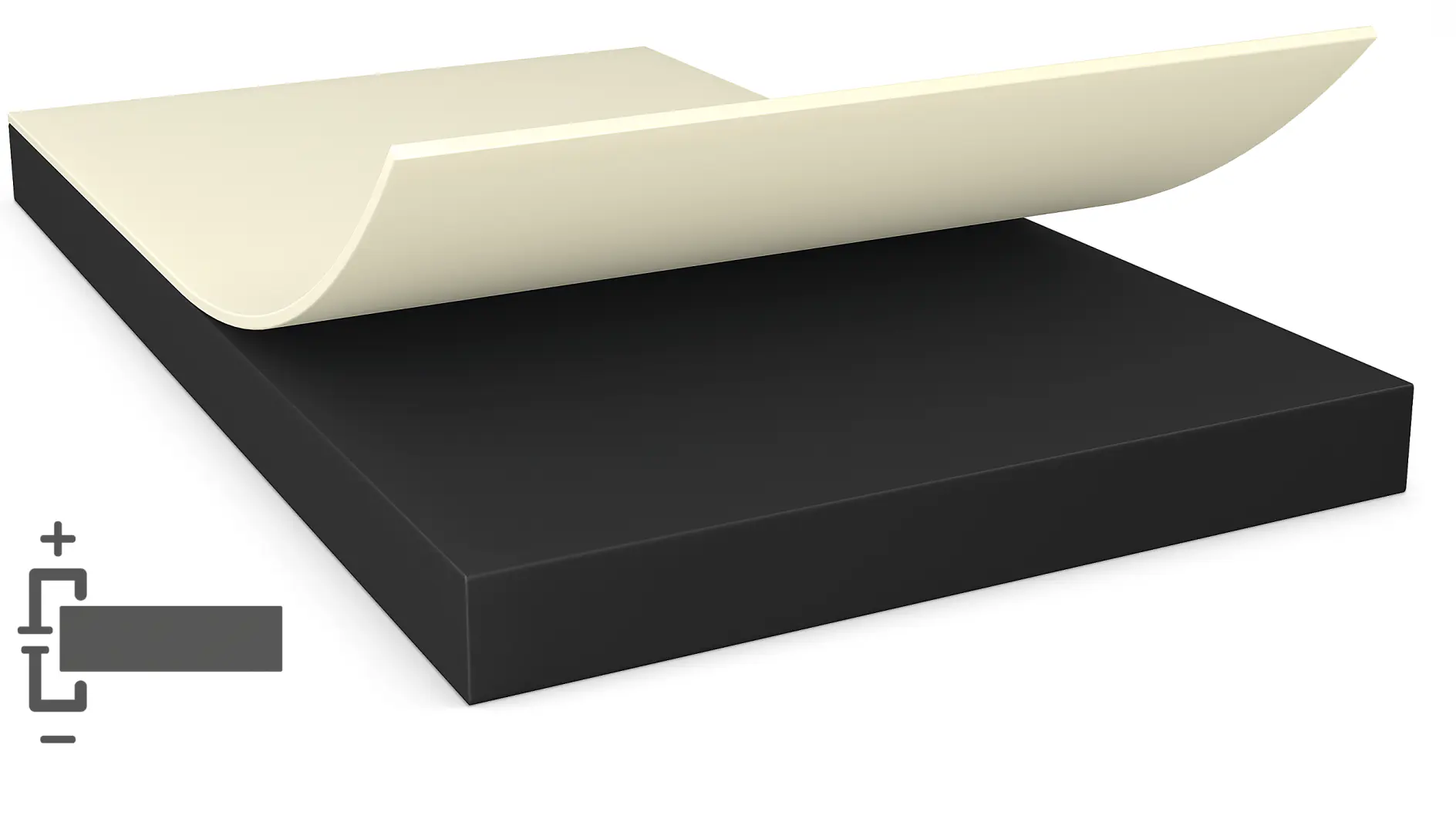 A diagram depicting two layers of material. The bottom layer is black and rectangular, while the top layer is beige and partially peeled back at one corner. An icon in the lower left corner symbolizes adhesion with tesa tape. (This text has been generated by AI)