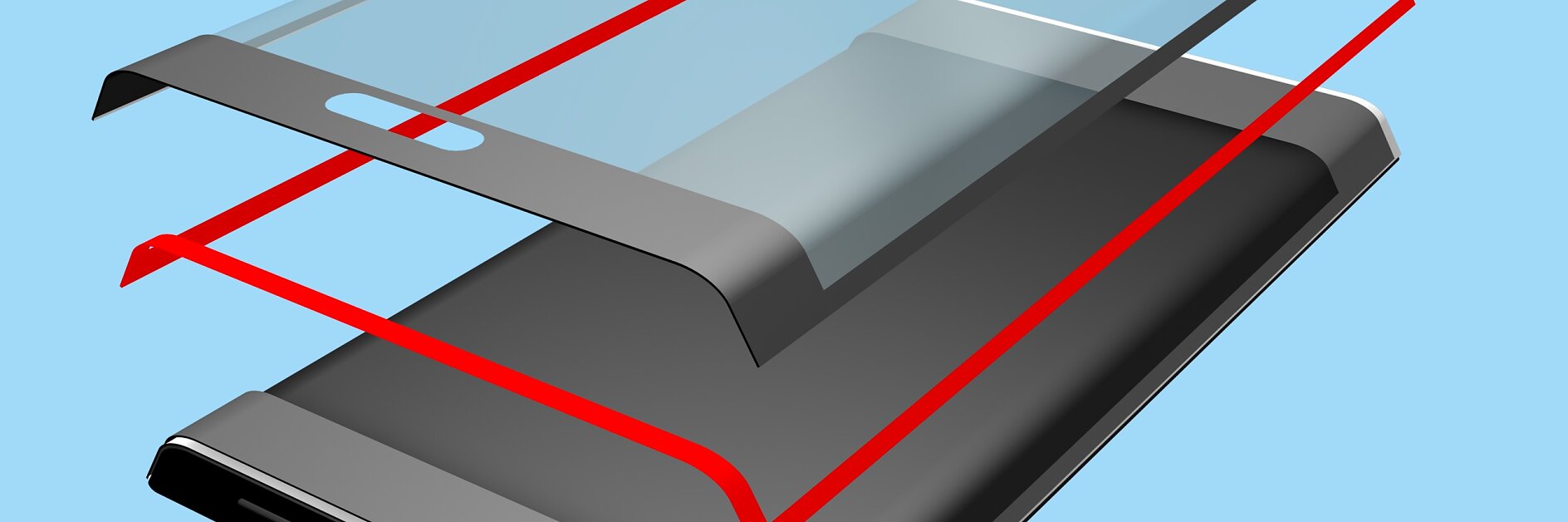 Illustration of a smartphone screen protector installation. The image shows a transparent screen protector above a phone and a red outline indicating alignment. A roll of tesa tape is nearby, hinting at its use in the process. The background is light blue. (This text has been generated by AI)