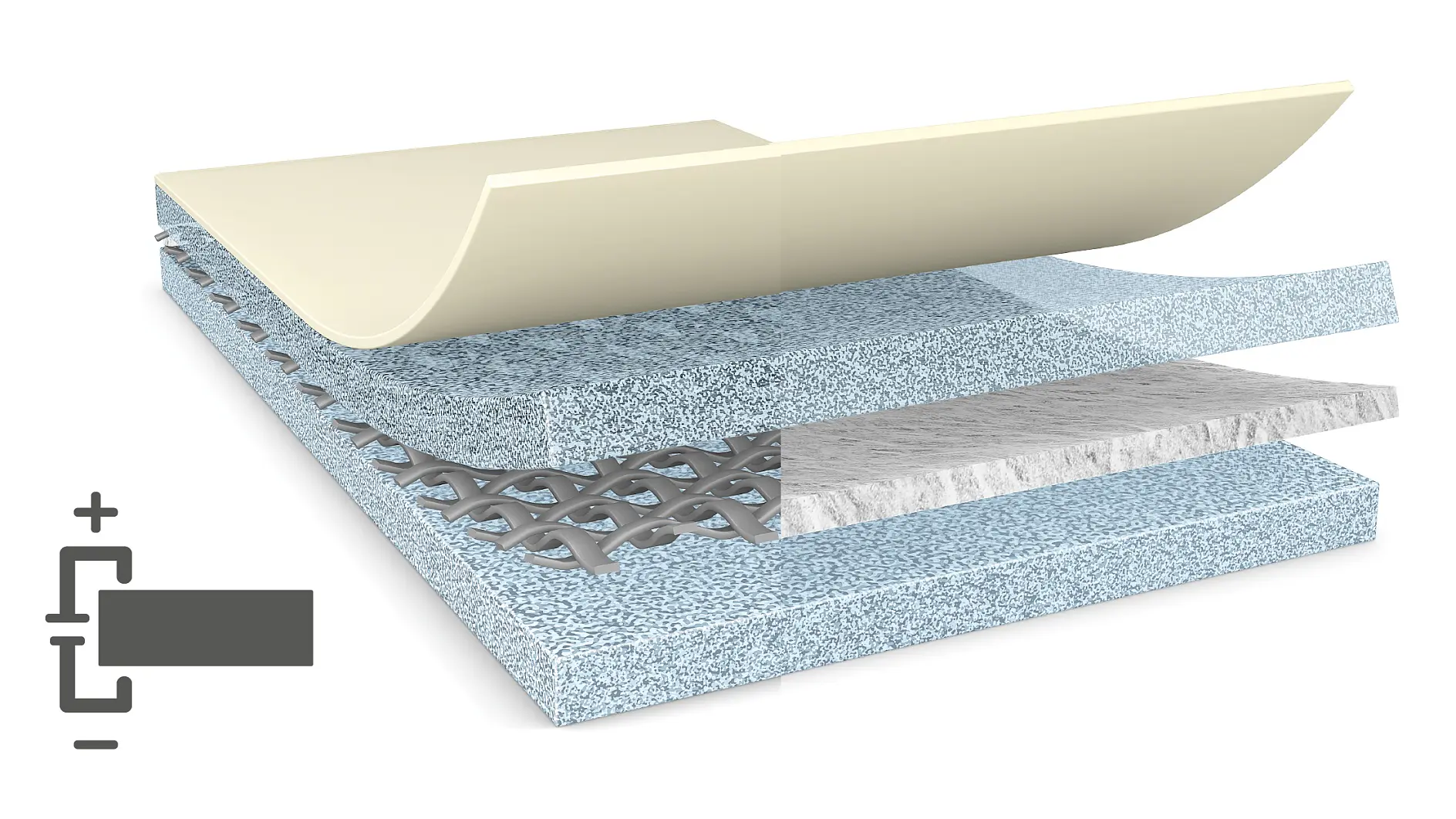 Cross-section diagram showing a layered structure. From top to bottom: a beige top layer, a light blue layer, a gray mesh-like layer of tesa tape, a white fibrous layer, and a blue base layer. A small gray icon with a plus sign is on the left. (This text has been generated by AI)