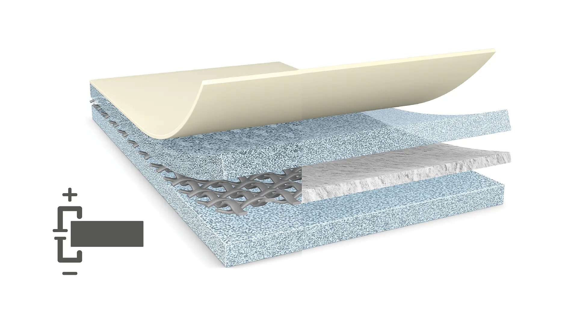 Cross-section diagram showing a layered structure. From top to bottom: a beige top layer, a light blue layer, a gray mesh-like layer of tesa tape, a white fibrous layer, and a blue base layer. A small gray icon with a plus sign is on the left. (This text has been generated by AI)