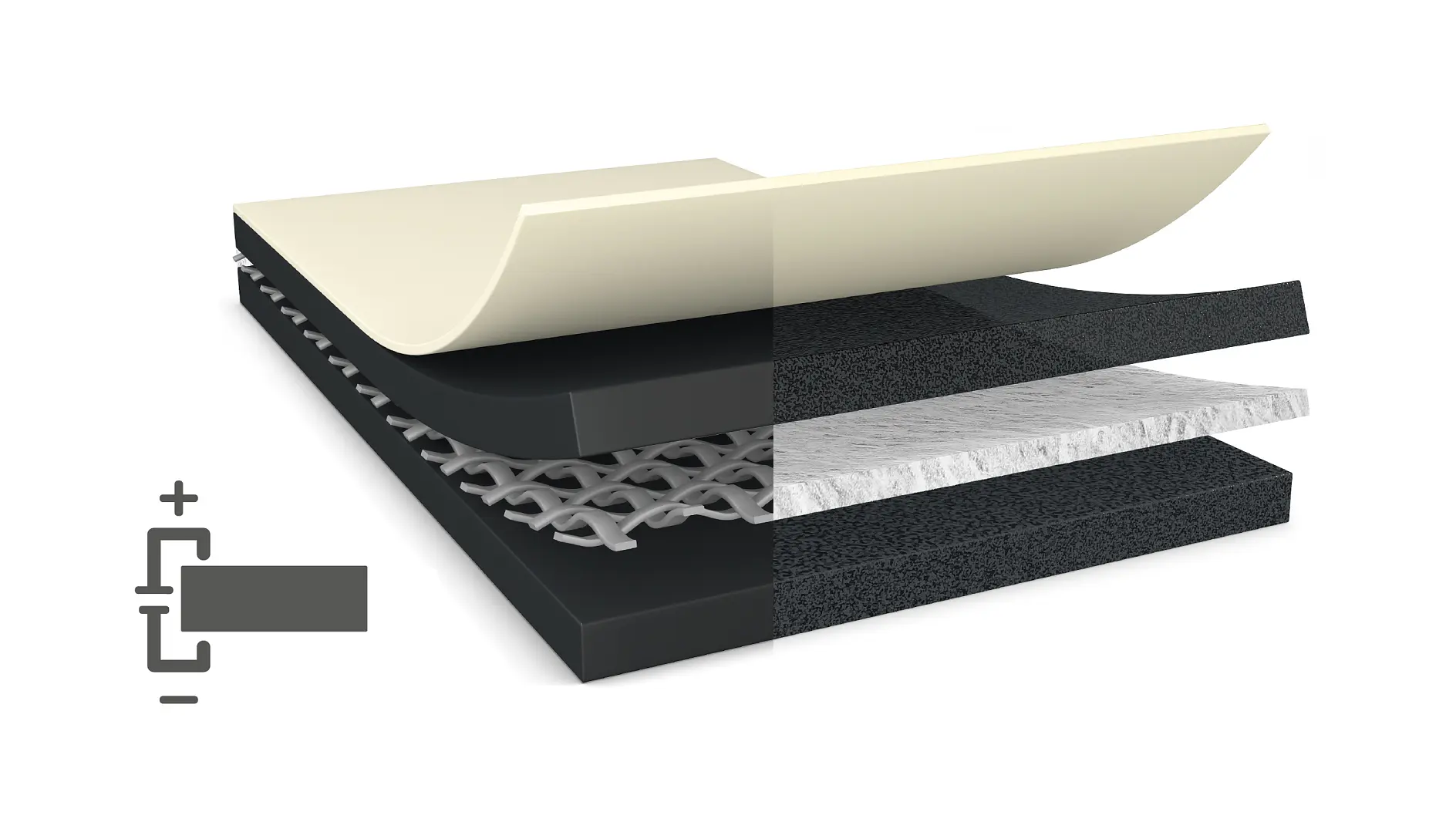 A cross-section illustration of layered material, depicting various textures and colors. The layers include a smooth top layer, a mesh layer, and other textured layers, with a small symbol on the left side indicating layering. (This text has been generated by AI)