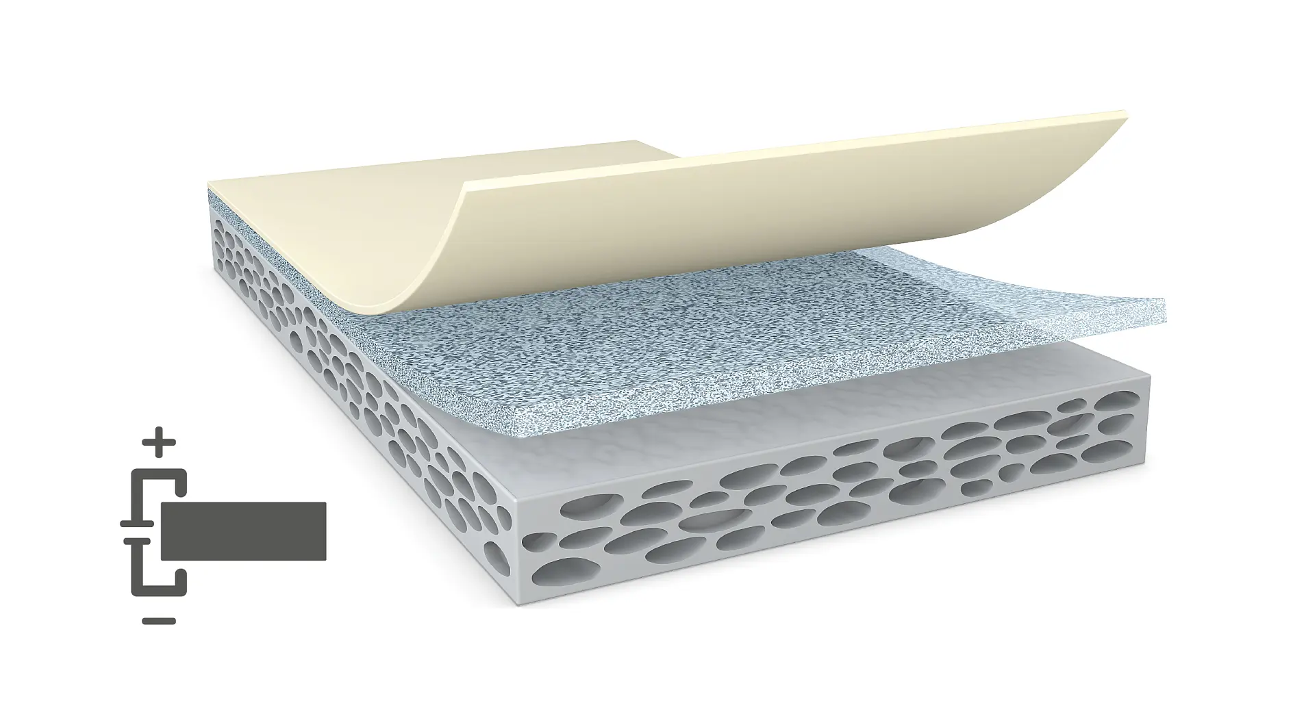 Illustration of a layered material structure. The image shows three layers: a top layer being peeled back, a middle textured layer, and a bottom layer with a porous design. An icon in the corner suggests a compression process using tesa tape. (This text has been generated by AI)