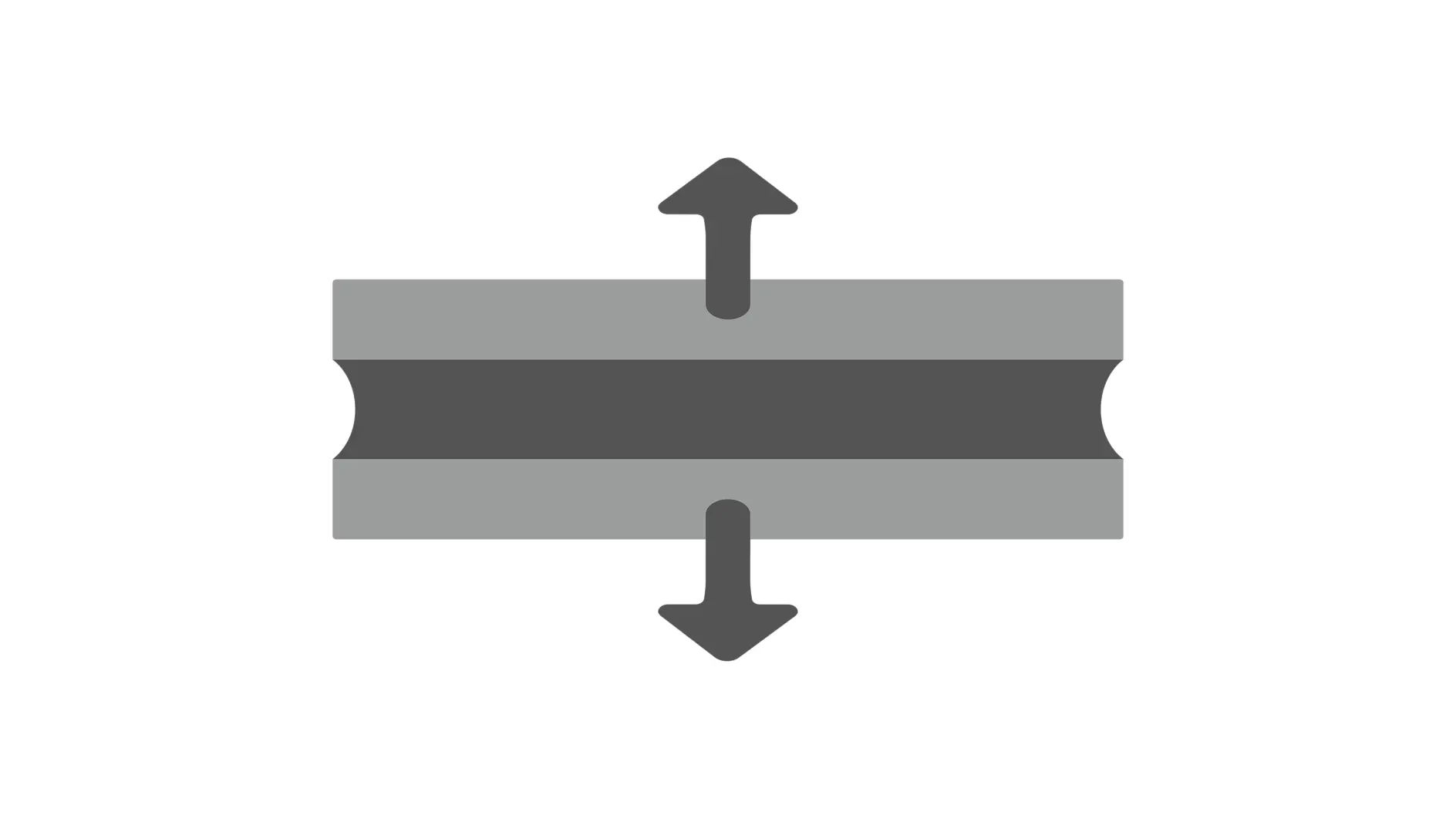 A gray icon featuring a horizontal bar in the center, bordered by two lighter gray bars. An upward arrow extends from the top bar, while a downward arrow extends from the bottom bar, indicating expansion or movement in opposing directions using tesa tape. (This text has been generated by AI)