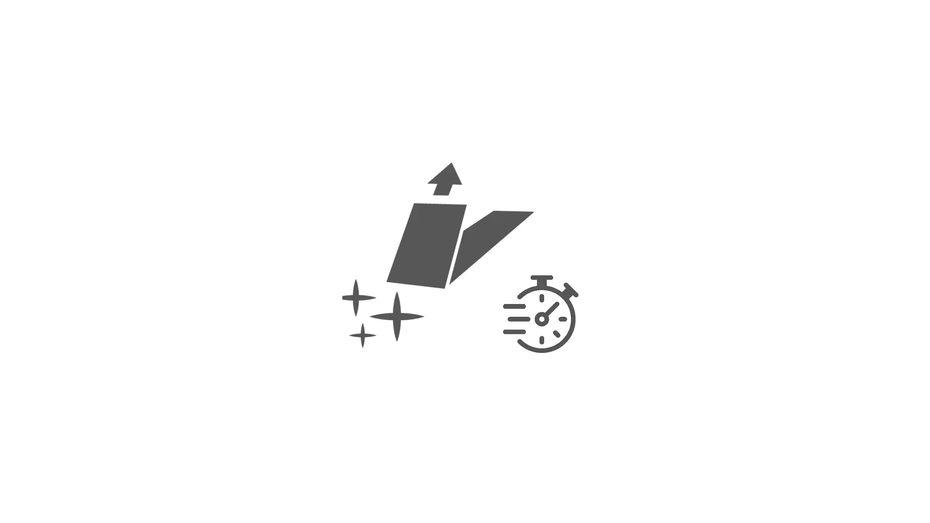 A gray icon showing an open box with an upward arrow, four sparkle stars to the left, and a stopwatch with speed lines to the right, all on a white background. (This text has been generated by AI)