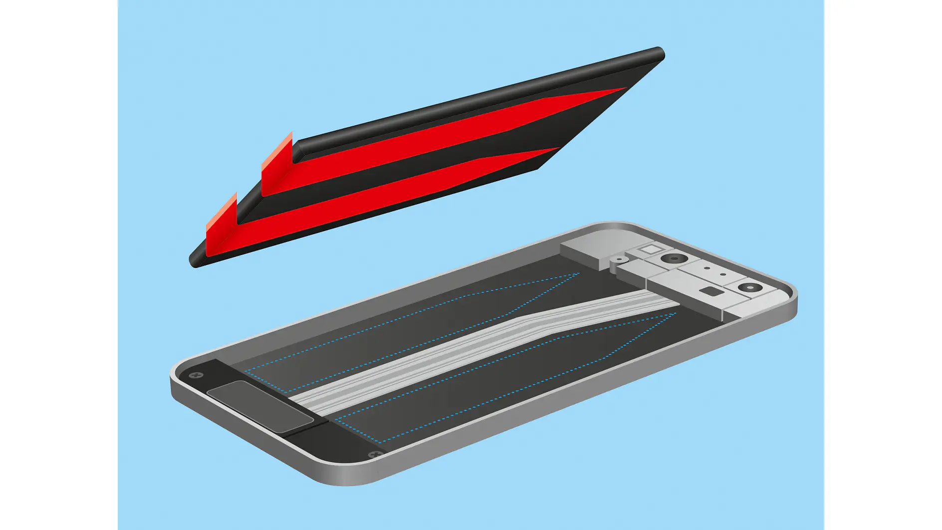An illustration showing a smartphone case with a removable component. The case is open, revealing internal elements, while the top layer, featuring red and black colors, is depicted as being lifted away using tesa tape. The background is light blue. (This text has been generated by AI)