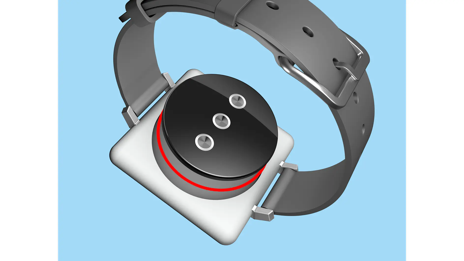 A digital rendering of a modern, abstract wristwatch with a black circular face featuring three small silver buttons. The watch has a gray strap and a metallic buckle, set against a light blue background. (This text has been generated by AI)