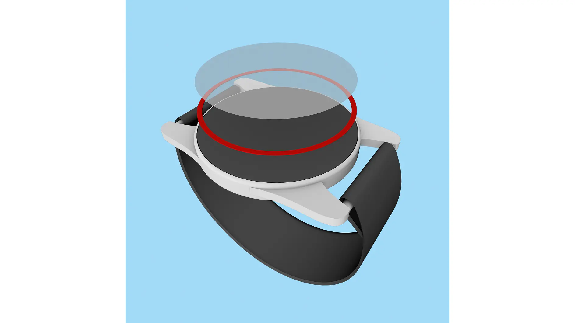 A digital illustration of a smartwatch with a black strap. It has a white framework and a gray circular face. Above the face, there are transparent and red concentric circles on a light blue background secured with tesa tape. (This text has been generated by AI)