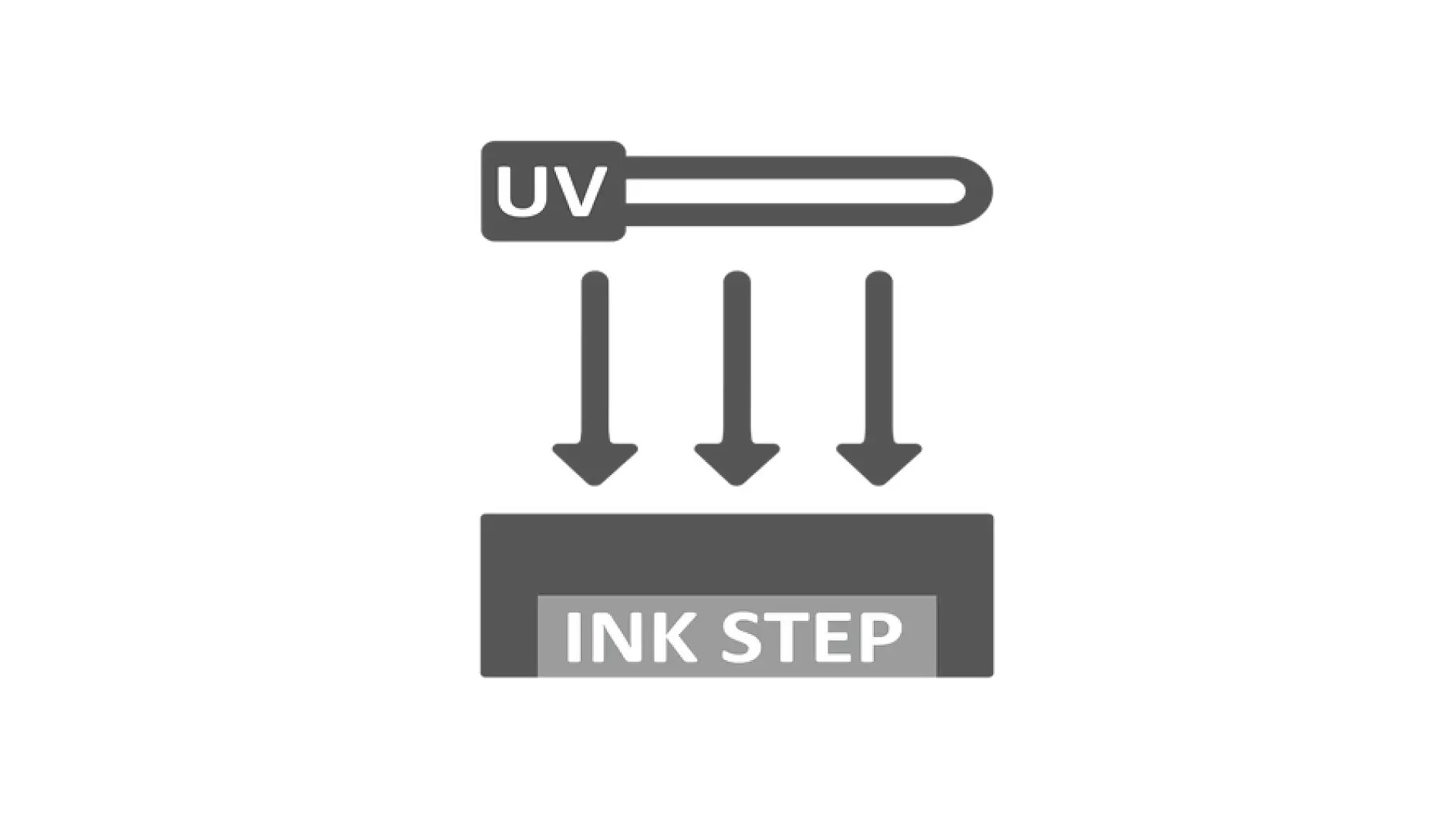 Diagram showing a UV process with an arrow labeled UV pointing right and three downward arrows leading to a box labeled INK STEP. The image illustrates a step in a procedure involving UV, ink, and tesa tape. (This text has been generated by AI)