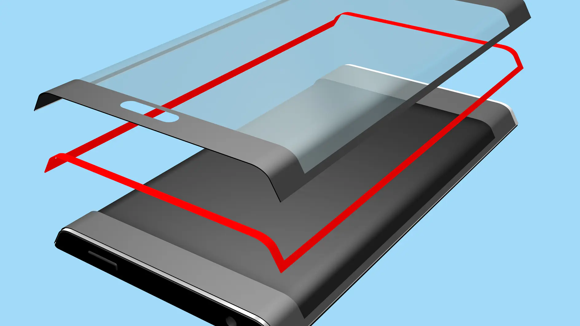 Illustration of a smartphone screen protector installation. The image shows a transparent screen protector above a phone and a red outline indicating alignment. A roll of tesa tape is nearby, hinting at its use in the process. The background is light blue.