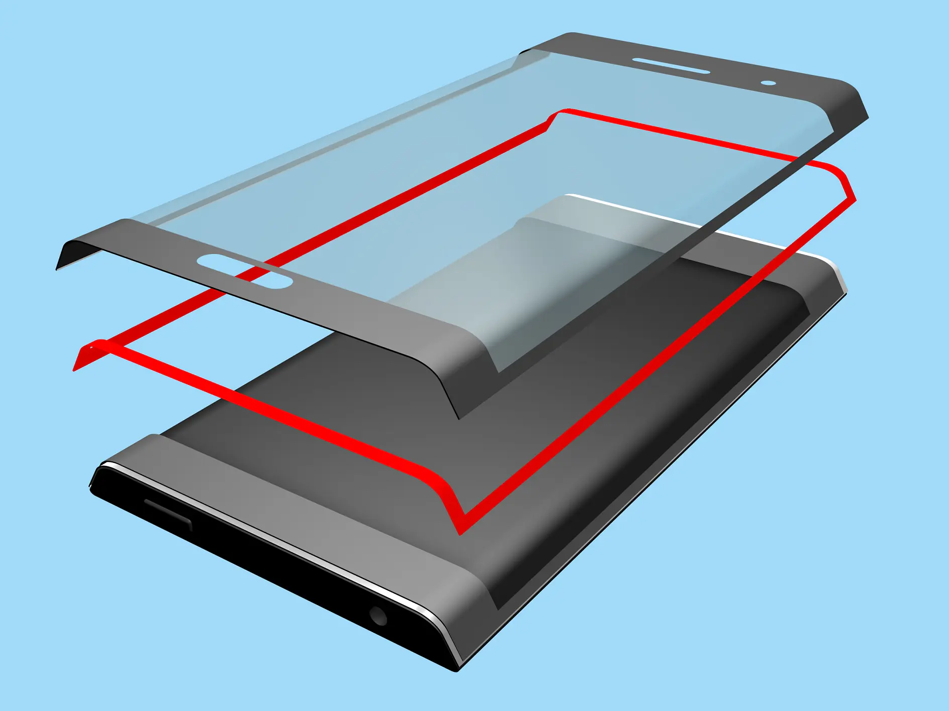 Illustration of a smartphone screen protector installation. The image shows a transparent screen protector above a phone and a red outline indicating alignment. A roll of tesa tape is nearby, hinting at its use in the process. The background is light blue. (This text has been generated by AI)