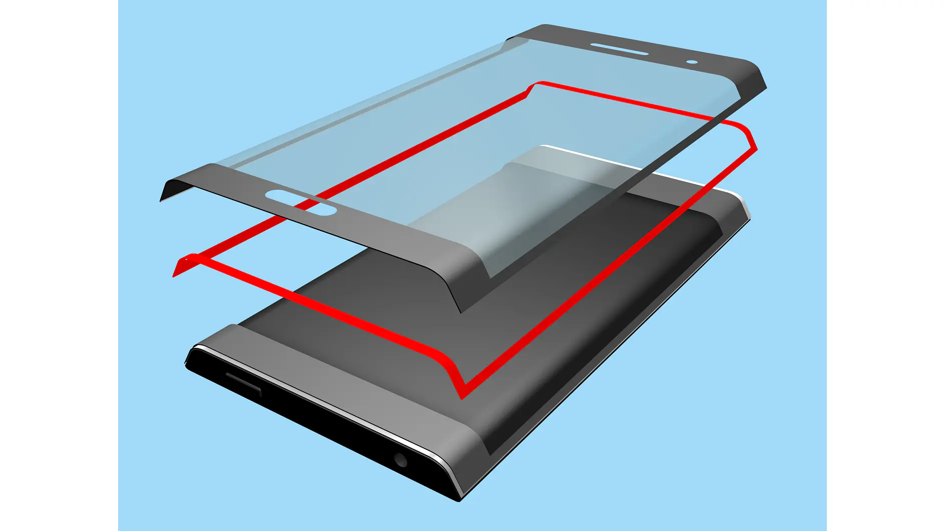 Illustration of a smartphone screen protector installation. The image shows a transparent screen protector above a phone and a red outline indicating alignment. A roll of tesa tape is nearby, hinting at its use in the process. The background is light blue. (This text has been generated by AI)