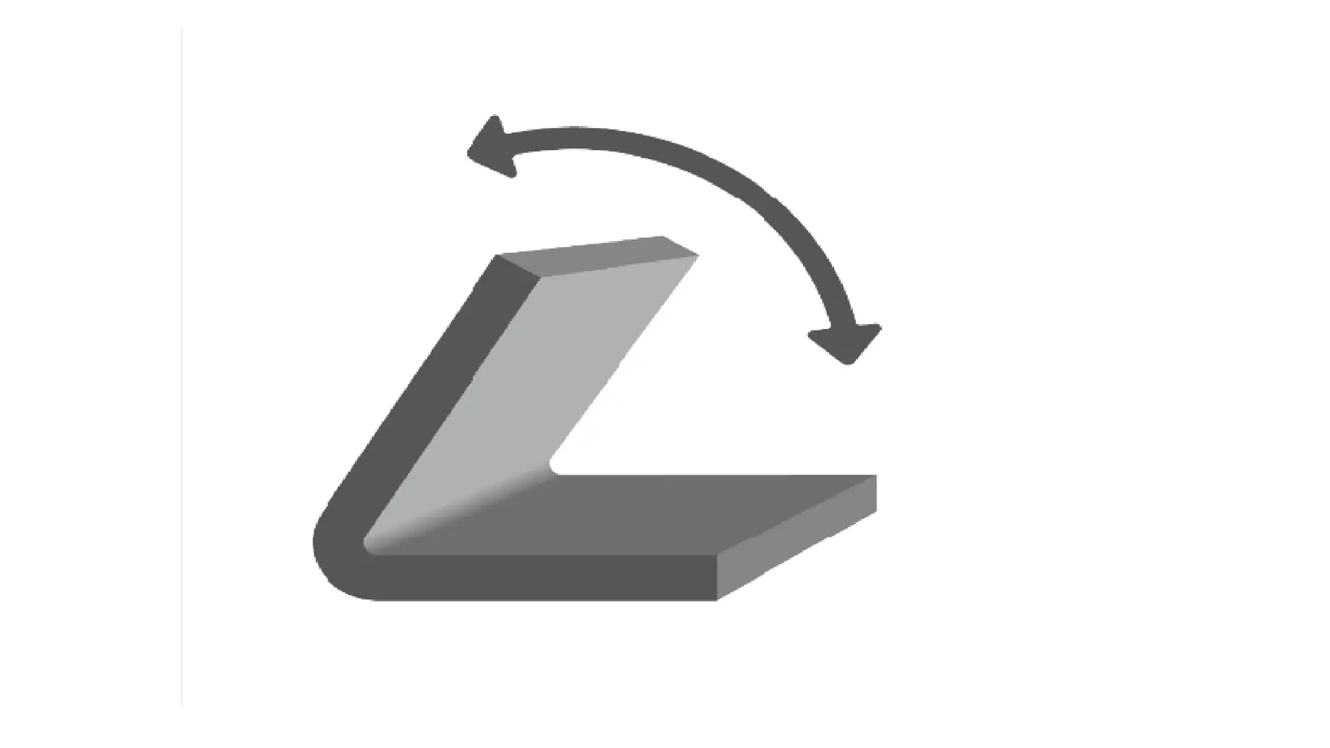 A grayscale illustration of a hinge mechanism is shown, with a bent rectangular shape and two curved arrows indicating a rotational movement around the hinge. The background is plain white. (This text has been generated by AI)
