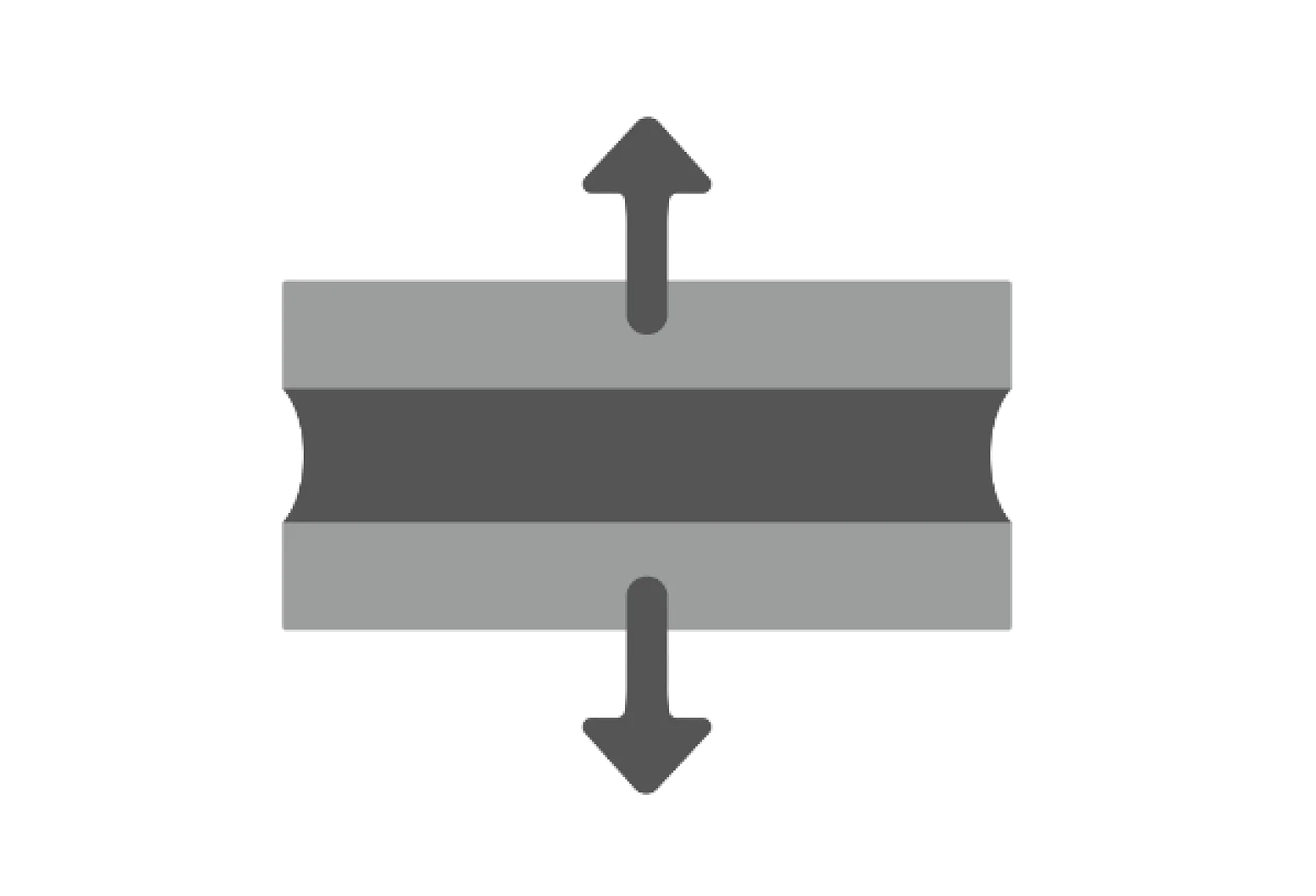 A gray icon depicting two horizontal rectangles with a dark band in the center. There is an upward arrow above the rectangles and a downward arrow below them, suggesting a concept of expand, compress, or move using tesa tape. (This text has been generated by AI)