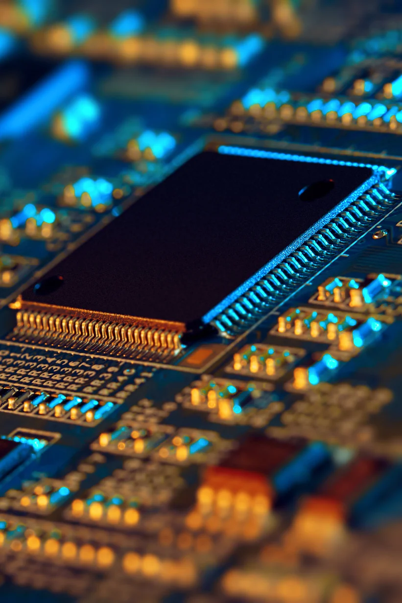 Close-up of an electronic circuit board featuring a central black microchip surrounded by various small components like resistors and capacitors. The board is illuminated with blue and orange lighting, highlighting its details. (This text has been generated by AI)