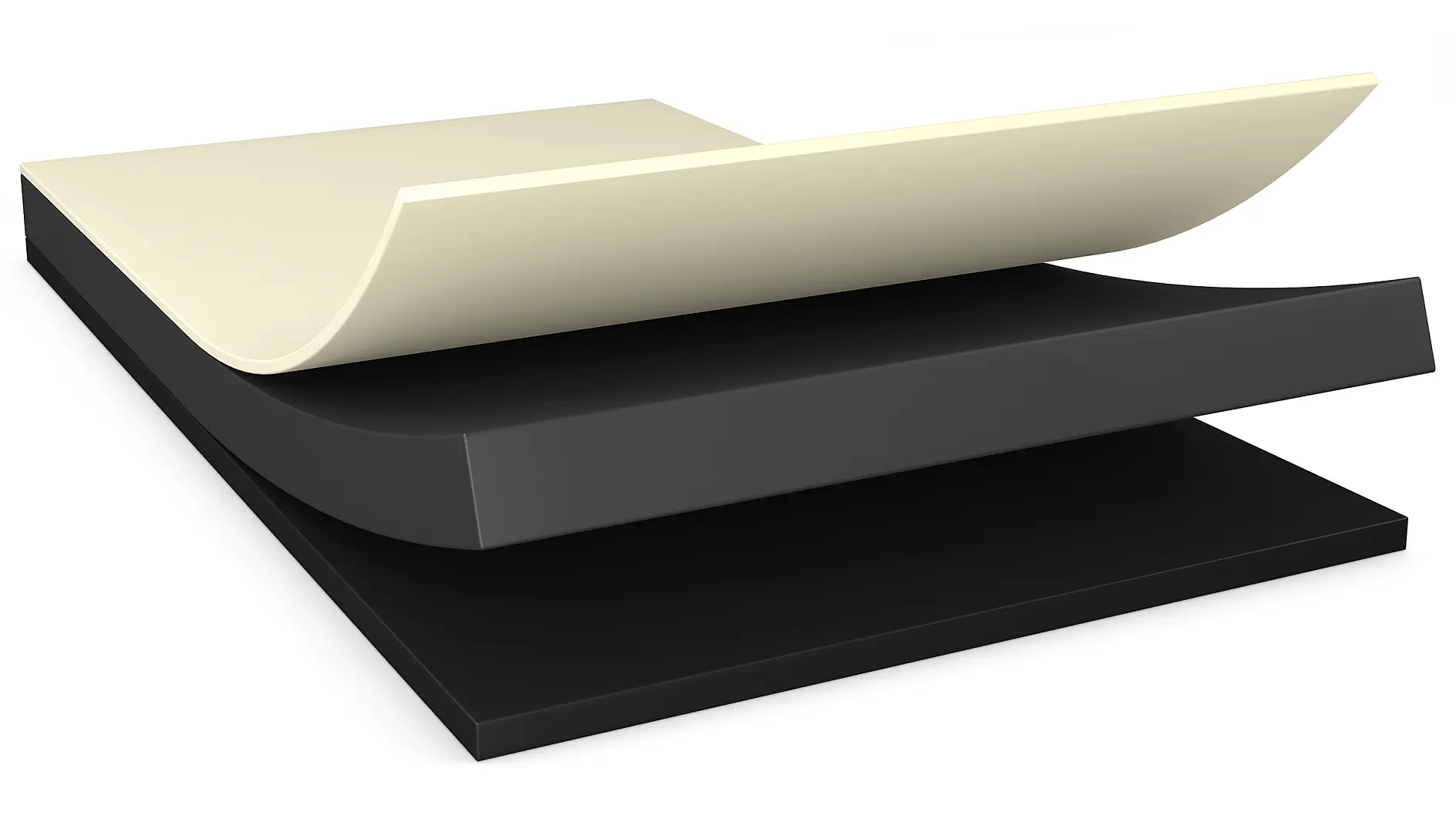 Three staggered sheets stacked on top of each other. The top sheet is light beige, partially peeled back to reveal a thick black middle layer, with a thin black bottom layer fully exposed, held together with tesa tape.