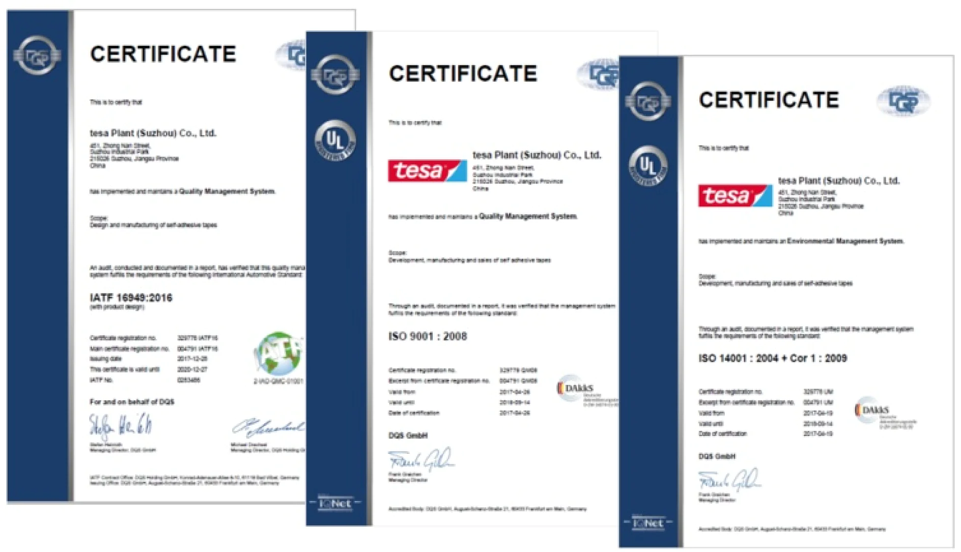 Three certificates are displayed side by side, each featuring logos, text, and signatures. They pertain to quality and environmental management systems from tesa tape Plant (Suzhou) Co., Ltd., showcasing standards like IATF 16949:2016 and ISO 14001. (This text has been generated by AI)