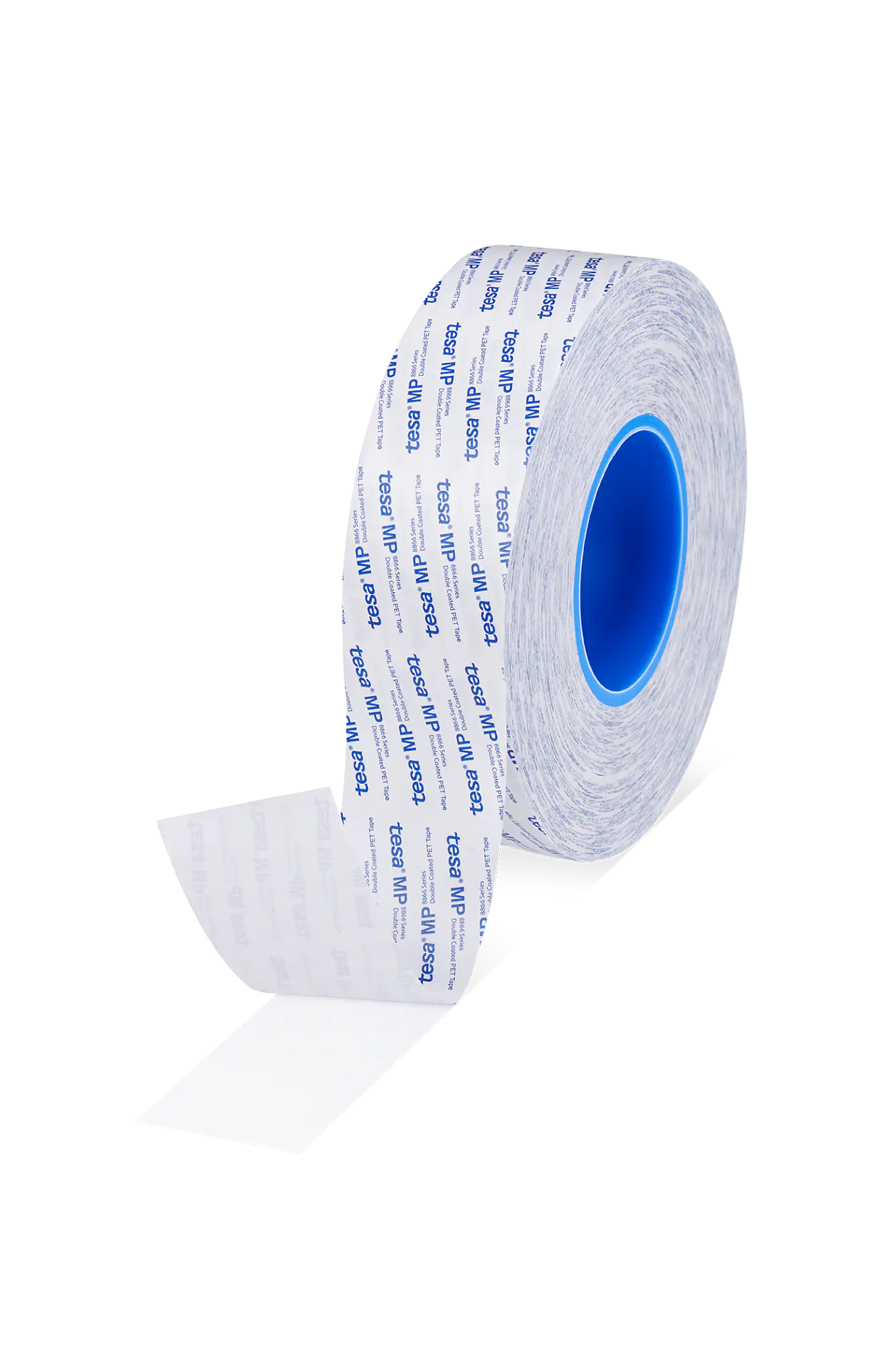 roll of tesa double-sided adhesive tape with blue core on white background, one end partially unrolled and visible (This text has been generated by AI)
