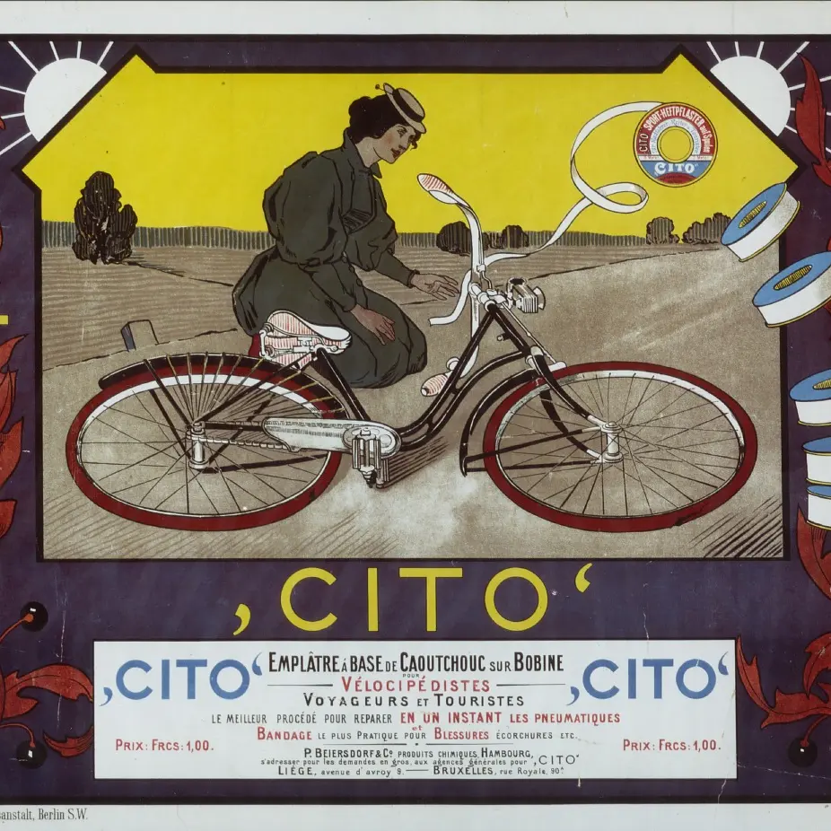 A vintage advertisement features a person riding a bicycle with Cito branding. The design includes reels of elastic tesa tape floating around and bold text. A landscape background and a decorative border enhance the classic aesthetic.