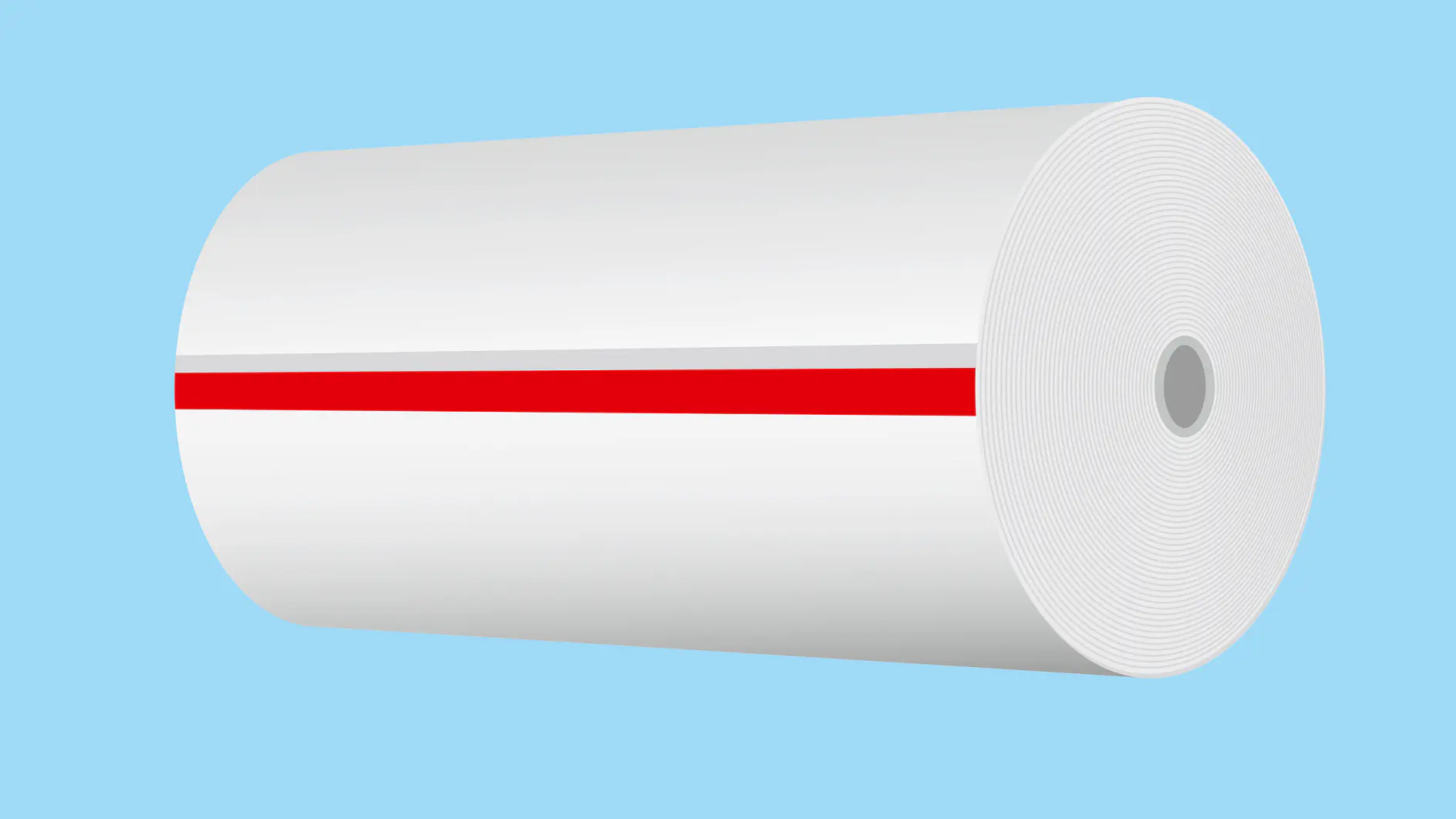 A large roll of white paper with a red stripe running along its length is depicted against a light blue background. The paper roll is positioned horizontally, showcasing its circular end and the core in the center, held together seamlessly by tesa tape.
