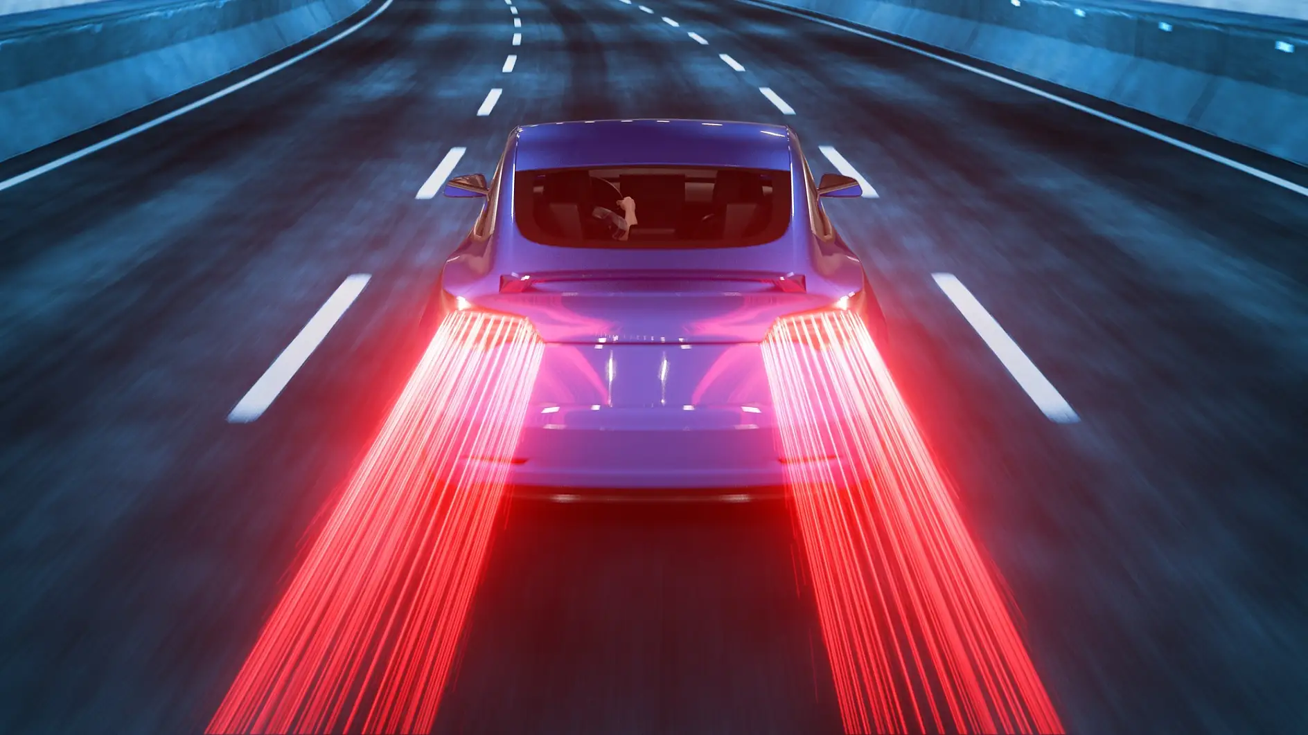 Colored Plug-in electric vehicle with glow and motion blur and red light trails 3d rendering