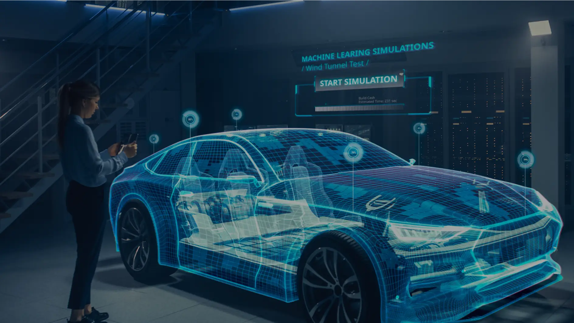 Female Automotive Engineer Uses Digital Tablet with Augmented Reality for Car Design Analysis and Improvement. 3D Graphics Visualization Shows Fully Developed Vehicle Prototype Analysed and Optimized
