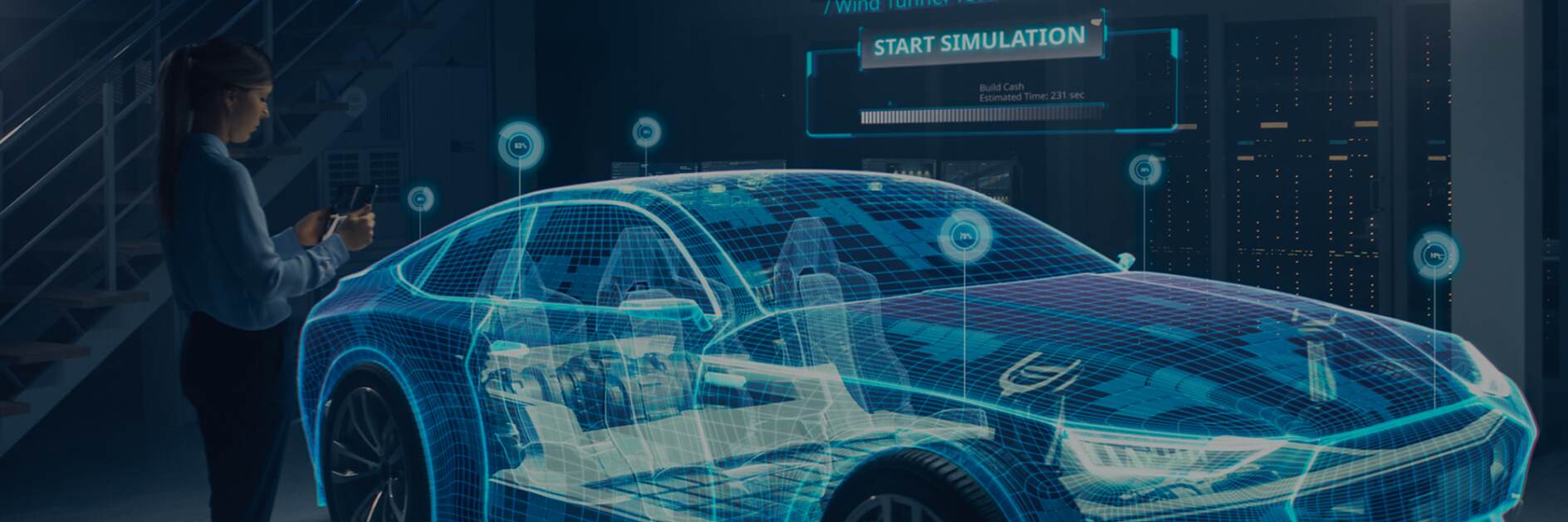 Female Automotive Engineer Uses Digital Tablet with Augmented Reality for Car Design Analysis and Improvement. 3D Graphics Visualization Shows Fully Developed Vehicle Prototype Analysed and Optimized