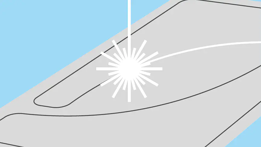 A stylized illustration of a laser cutting machine. The image shows a metal sheet being cut by a bright, focused laser beam. The background is blue, and the laser is depicted as a white line with a bright starburst at the cutting point. (This text has been generated by AI)
