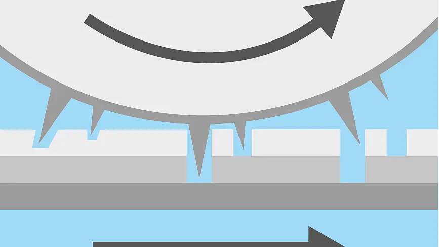 Illustration of a large gray circular saw blade with a curved arrow above it, indicating rotation. A straight arrow below points to the right, showing the direction of movement. Blue background with gray highlights. (This text has been generated by AI)