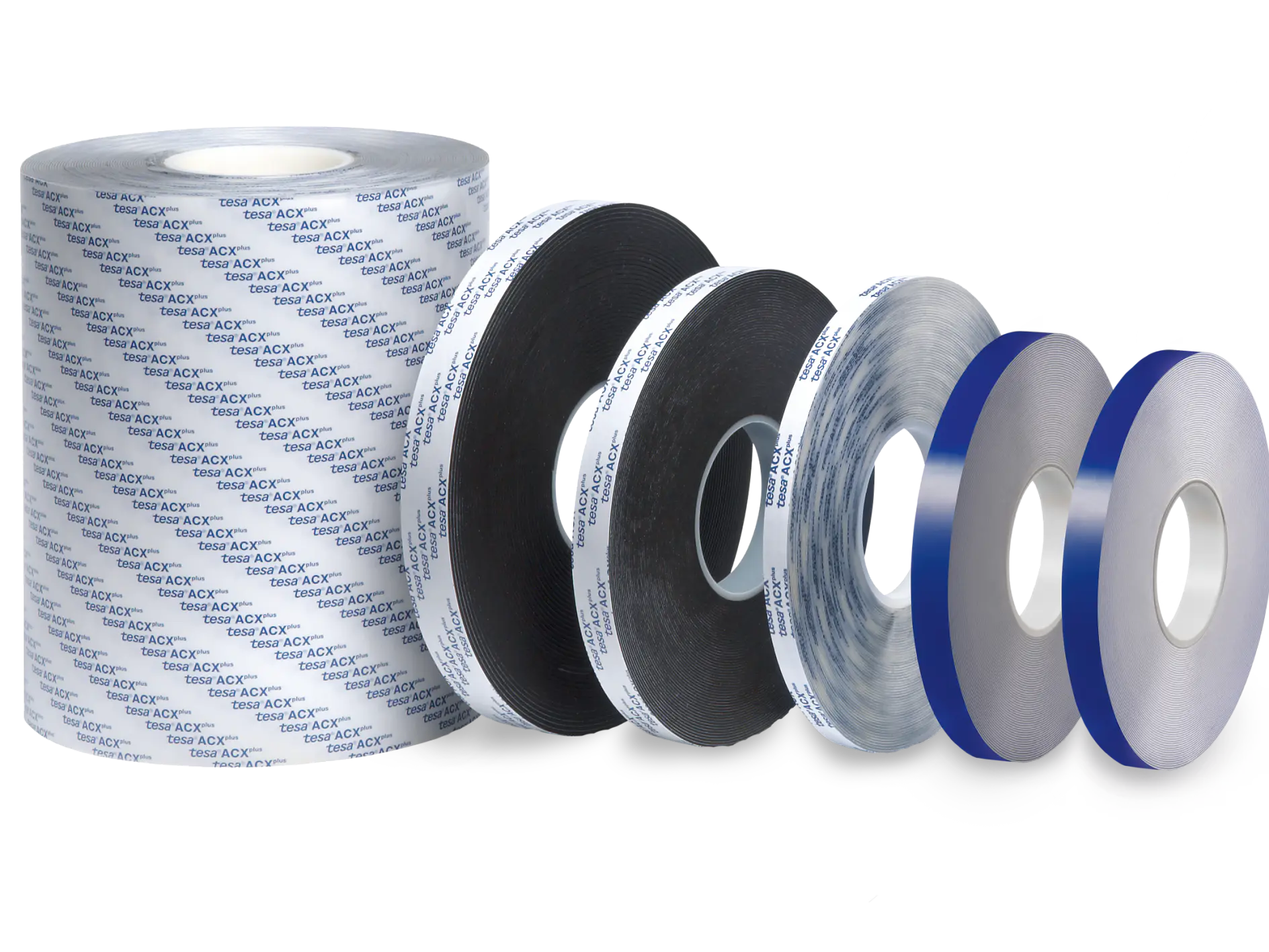 A group of six tesa tape rolls of various widths and colors is displayed. The rolls vary in size and are lined up from largest to smallest. The tesa tapes have different textures and patterns, including a branded design on the leftmost roll. (This text has been generated by AI)