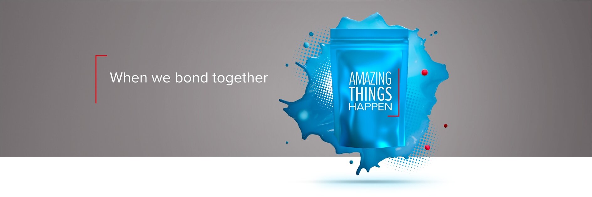 A blue product pouch is displayed with a splash effect behind it on a gray background. The pouch is labeled with Amazing Things Happen. To the left, text reads, When we bond together using tesa tape. Small red accents are scattered throughout the image. (This text has been generated by AI)