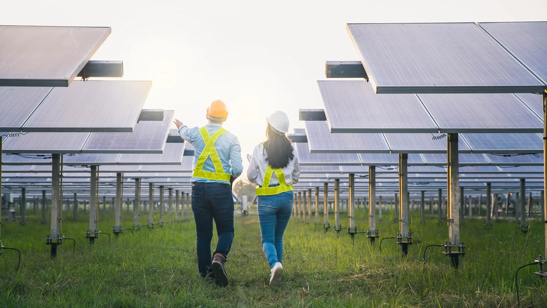 男女员工维护太阳能收集板。在太阳能发电行业检查和维护设备的工程师。
