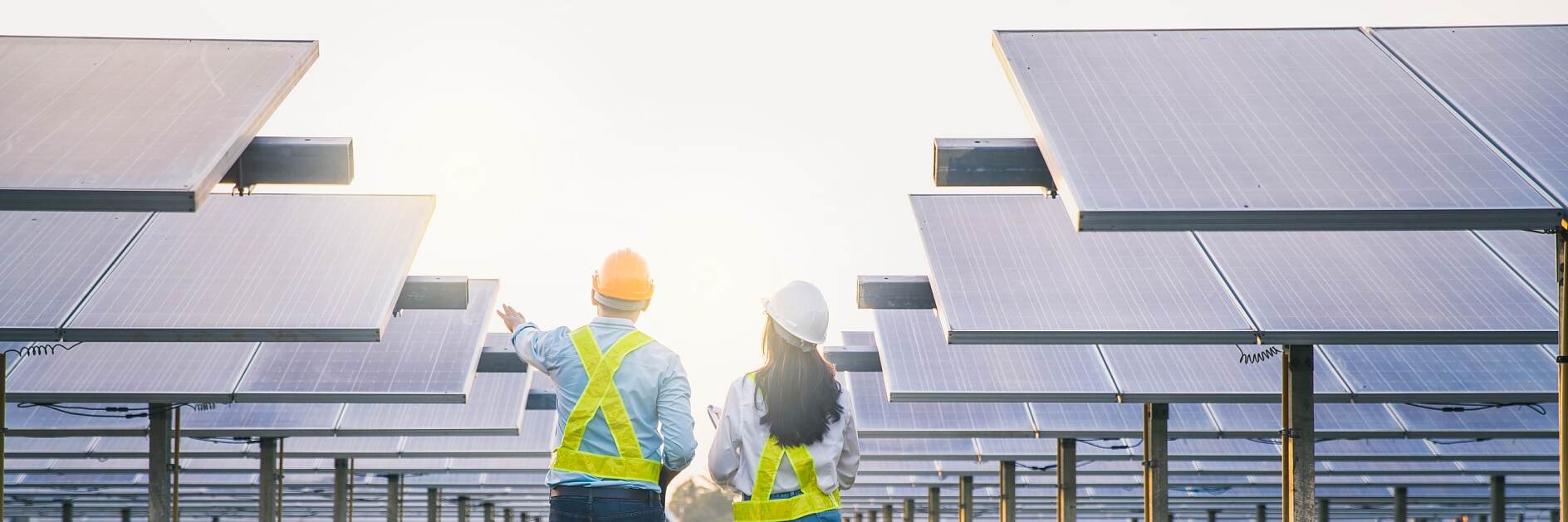 男女员工维护太阳能收集板。在太阳能发电行业检查和维护设备的工程师。