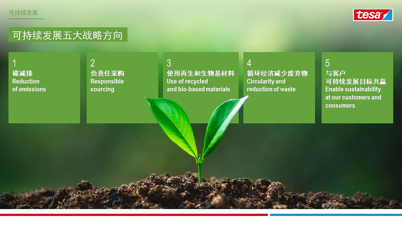 A small green plant sprouting from soil is in the foreground. Behind it is a green banner with five sections in Chinese and English, listing strategies for sustainability: reducing emissions, responsible sourcing, recycled materials, waste reduction, and enabling sustainability. (This text has been generated by AI)