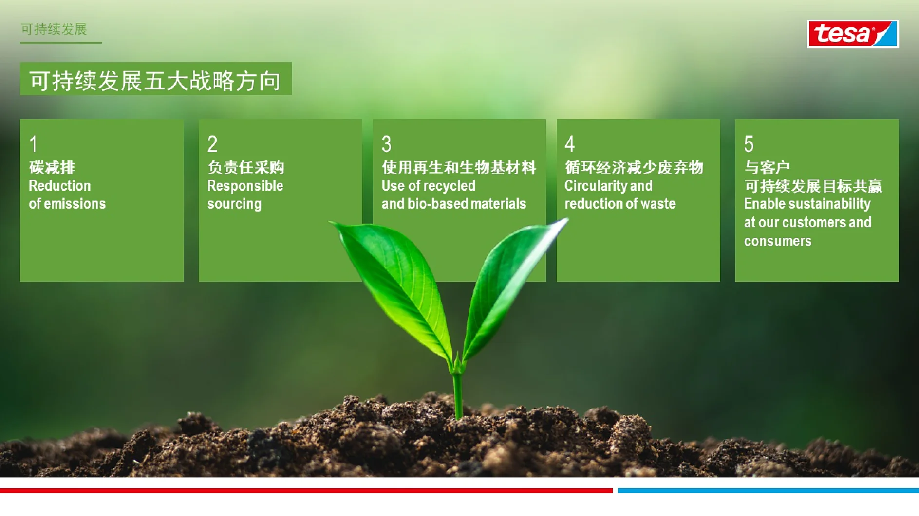 A small green plant sprouting from soil is in the foreground. Behind it is a green banner with five sections in Chinese and English, listing strategies for sustainability: reducing emissions, responsible sourcing, recycled materials, waste reduction, and enabling sustainability. (This text has been generated by AI)