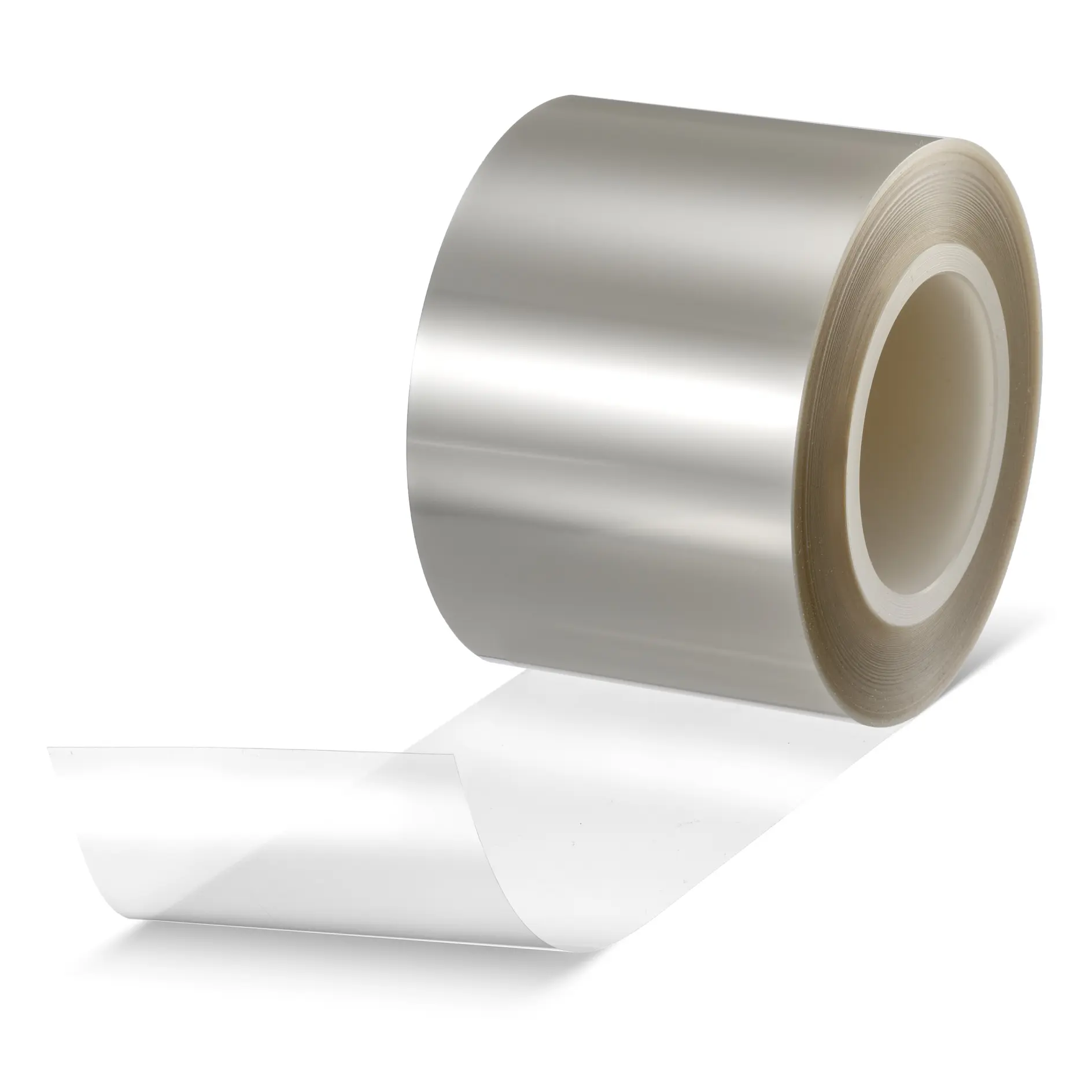 roll of clear adhesive tape with a partially unrolled strip on a white background, tesa brand (This text has been generated by AI)