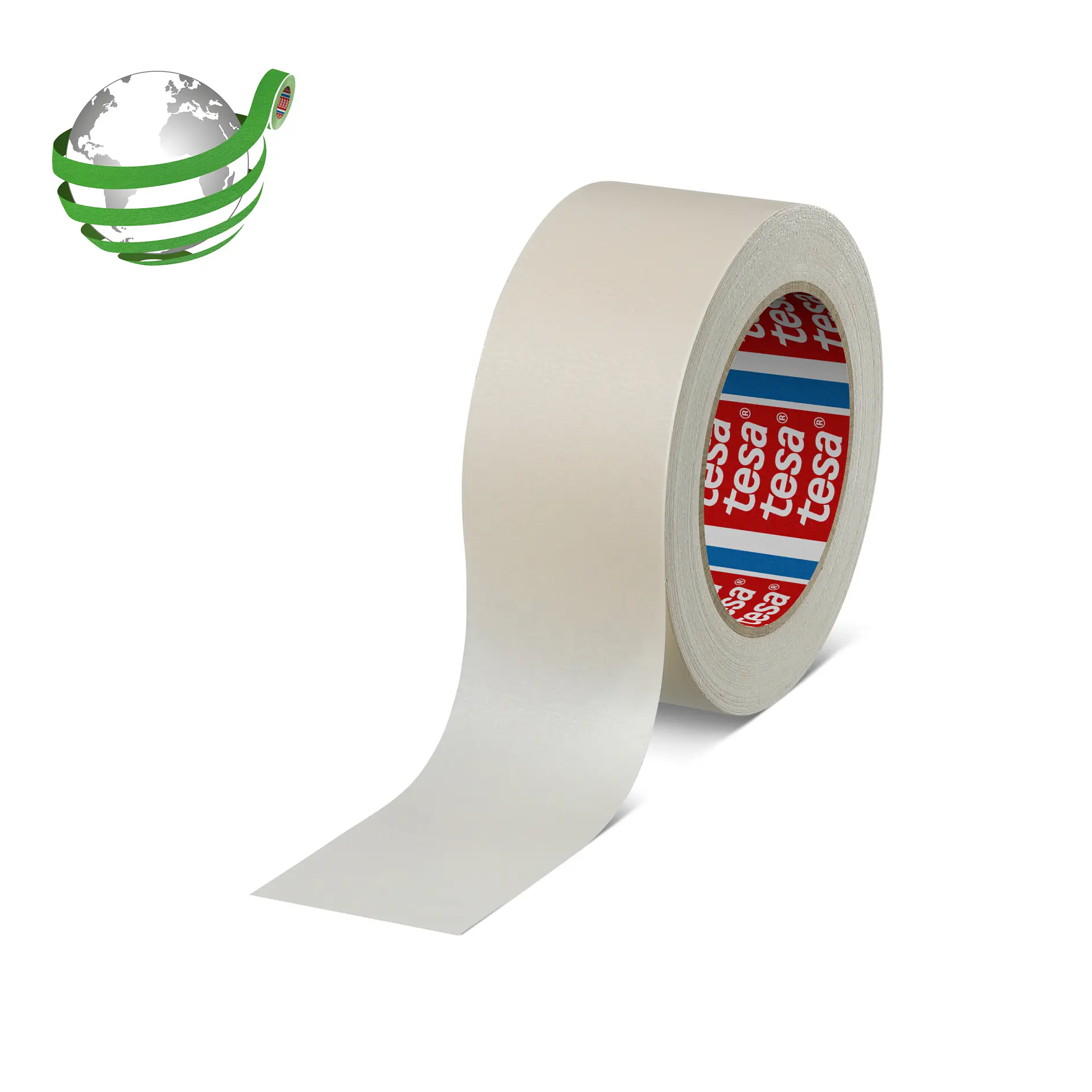 Roll of white tesa adhesive tape with red and blue branded core on a white background (This text has been generated by AI)