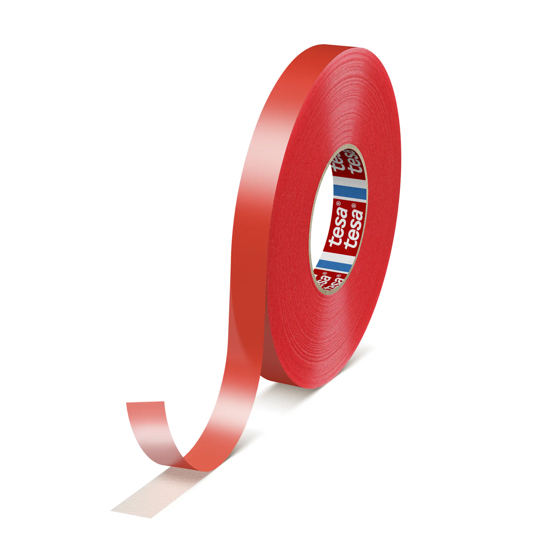 red tesa adhesive tape roll with a loose end on a white background, isolated product image for packaging or crafting use (This text has been generated by AI)