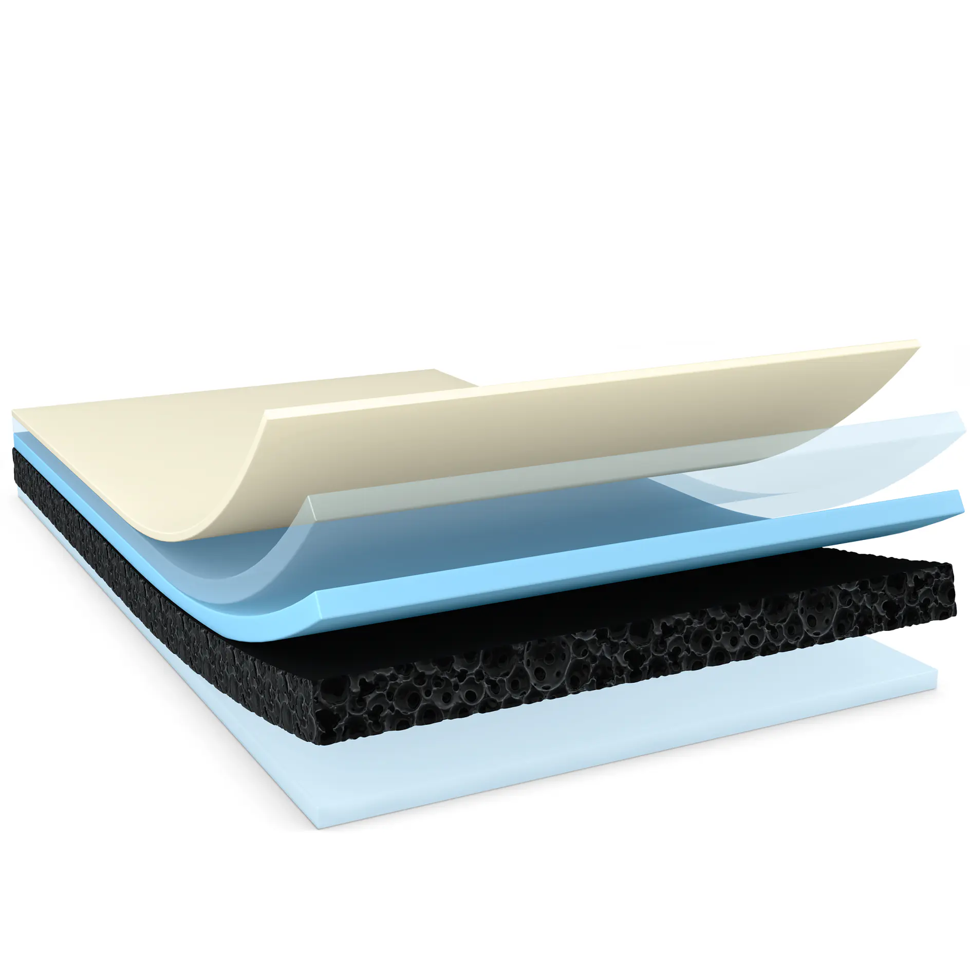 layered adhesive materials including a beige top layer, blue protective films, and a black textured foam layer, isolated on white background (This text has been generated by AI)