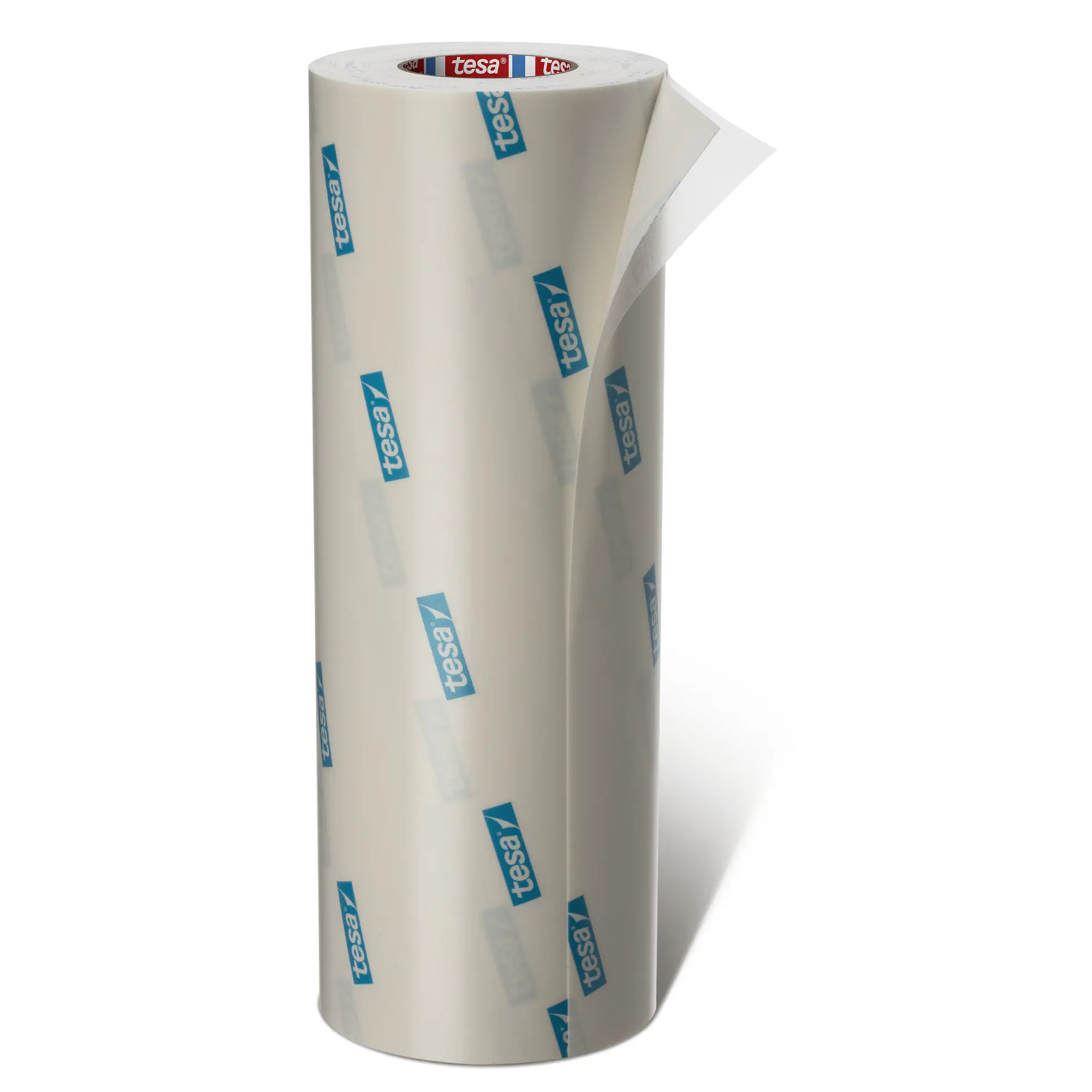 roll of tesa branded clear adhesive tape standing upright on white background (This text has been generated by AI)