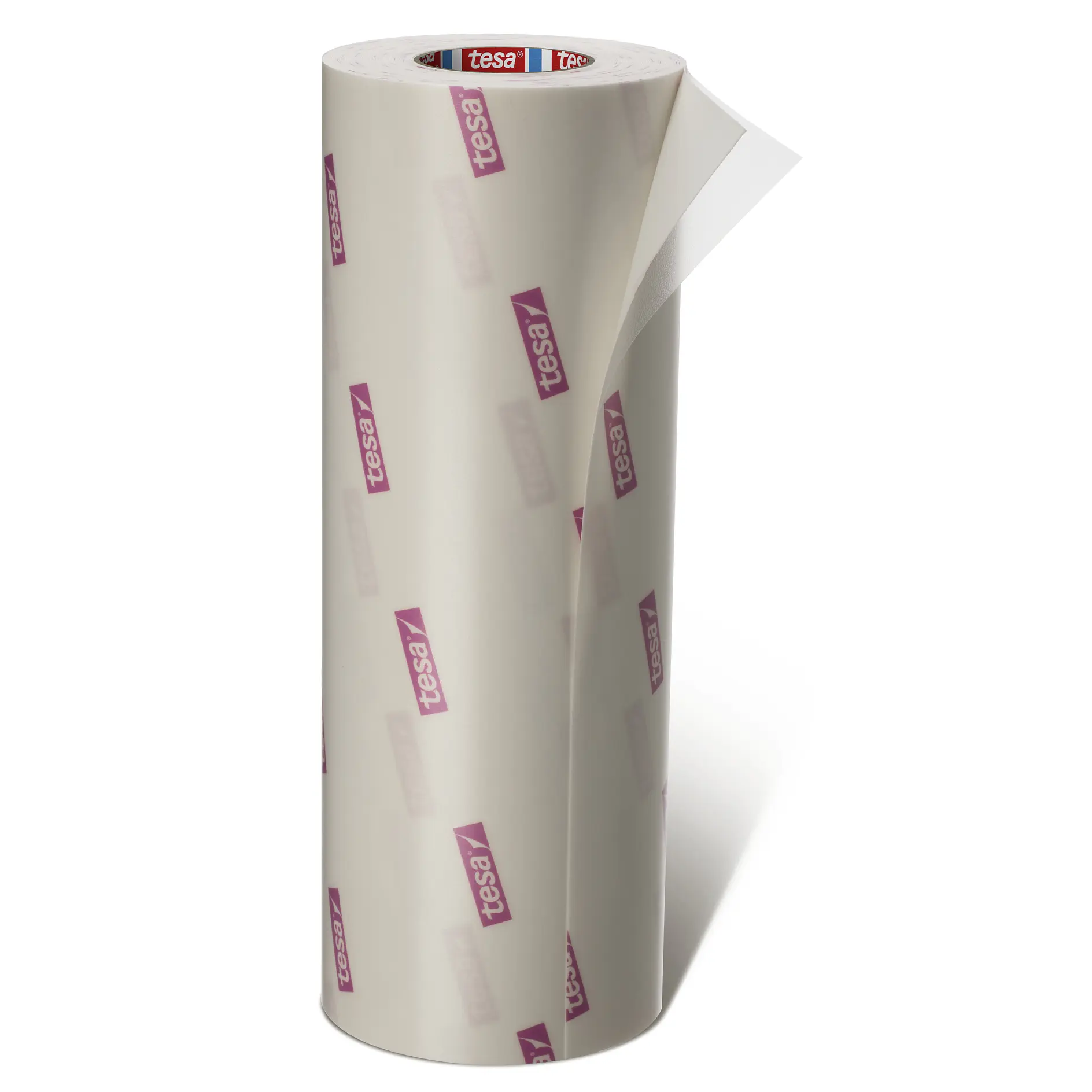 clear adhesive tesa tape roll with red logo on white backing, standing upright on white background (This text has been generated by AI)