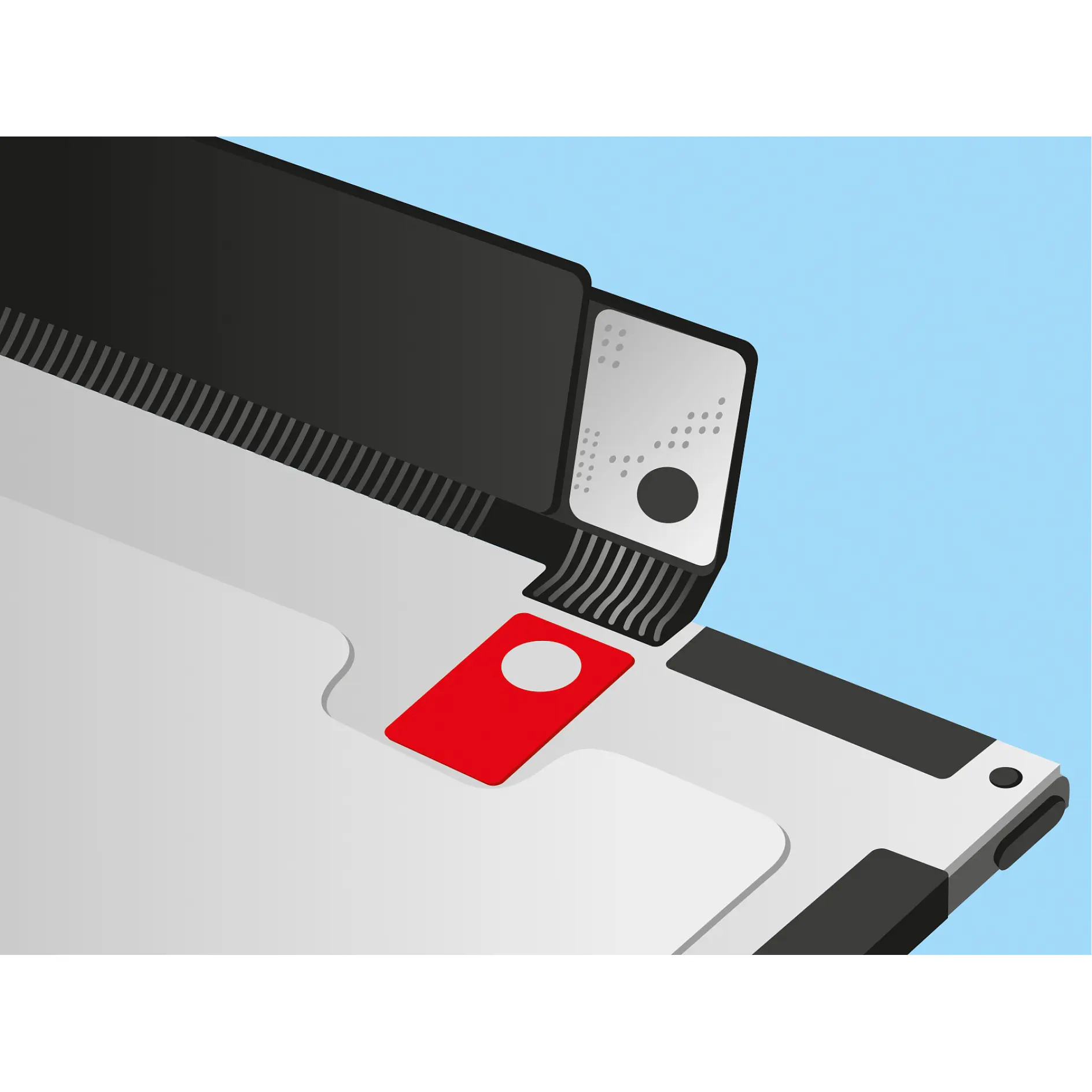 Close-up of a tesa tape dispenser with a red cutting blade on a white and black surface, set against a dark background. (This text has been generated by AI)