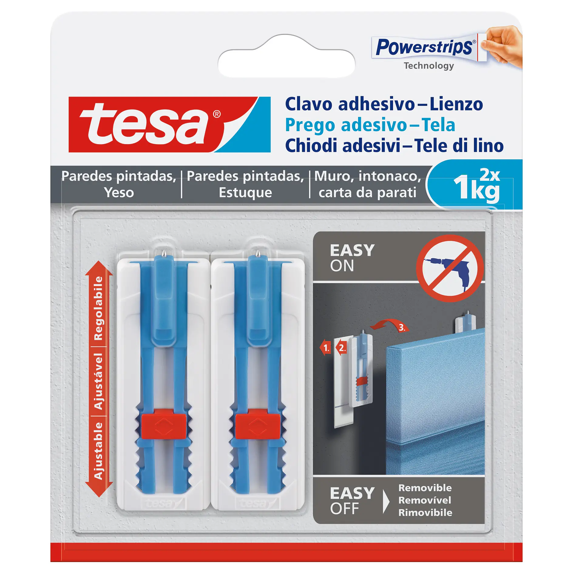 tesa adhesive hooks with Powerstrips technology, holding up to 1kg, for mounting on painted walls and smooth surfaces indoors. (This text has been generated by AI)