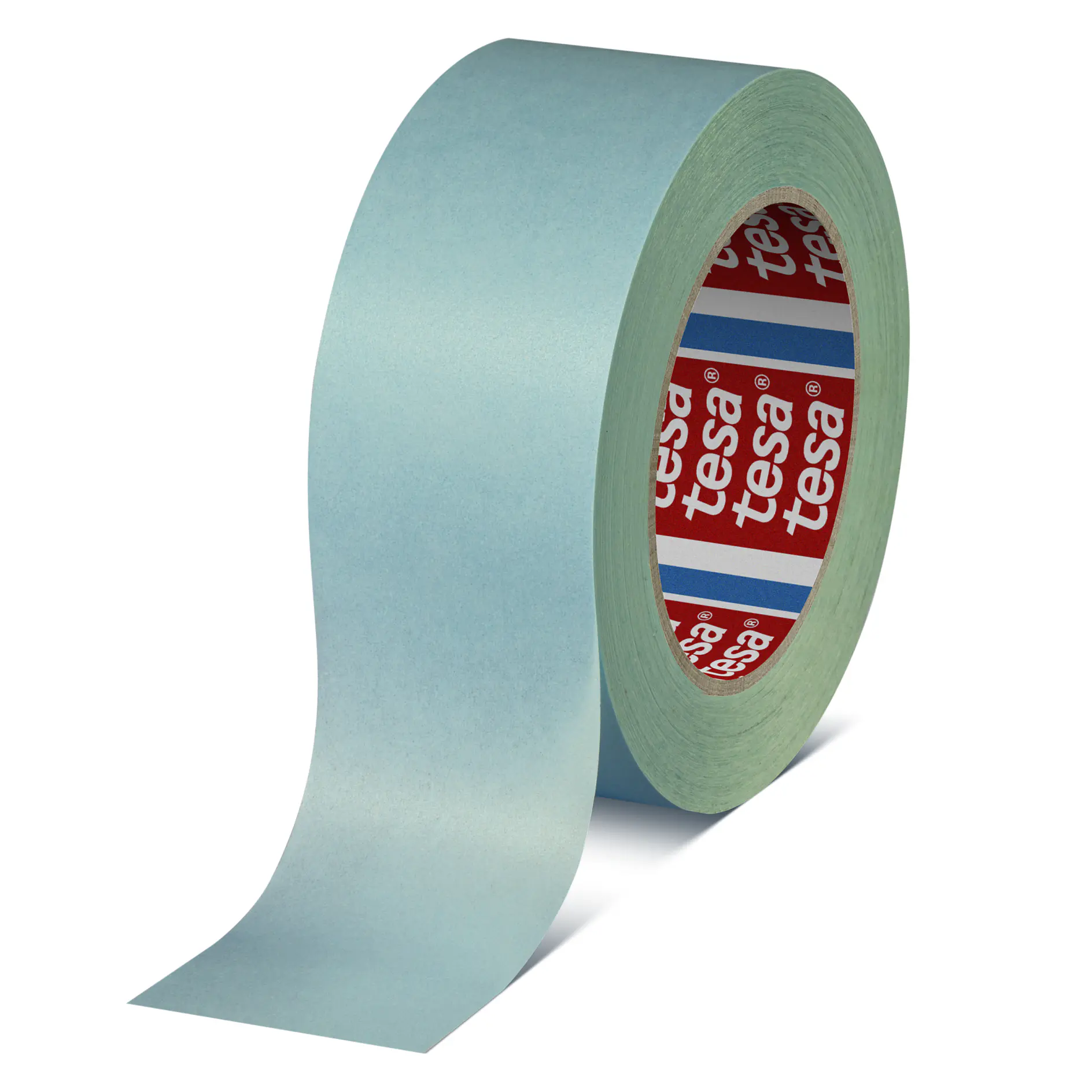 roll of tesa brand gray adhesive tape partially unrolled on white background (This text has been generated by AI)